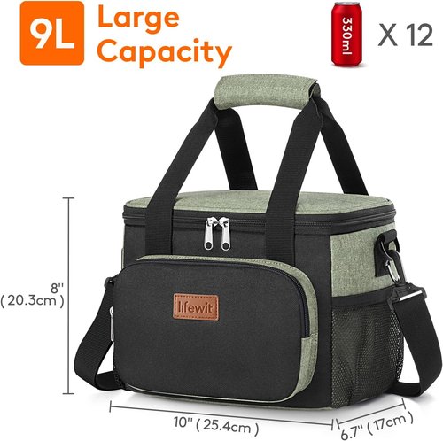 Lifewit Insulated Lunch Bag - Soft Cooler Tote for Adults | Black & Green, 12-Can Capacity (9L)