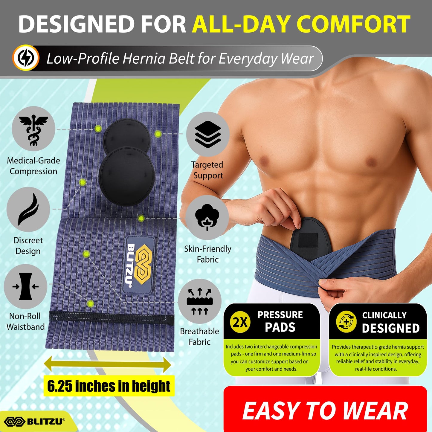 BLITZU Umbilical Hernia Belt for Men & Women, Abdominal Binder Adjustable Truss Support with 2 Compression Pads for Naval, Ventral, Incisional, Epigastric, Belly Button Hernias, Pre Post Surgery L-XL