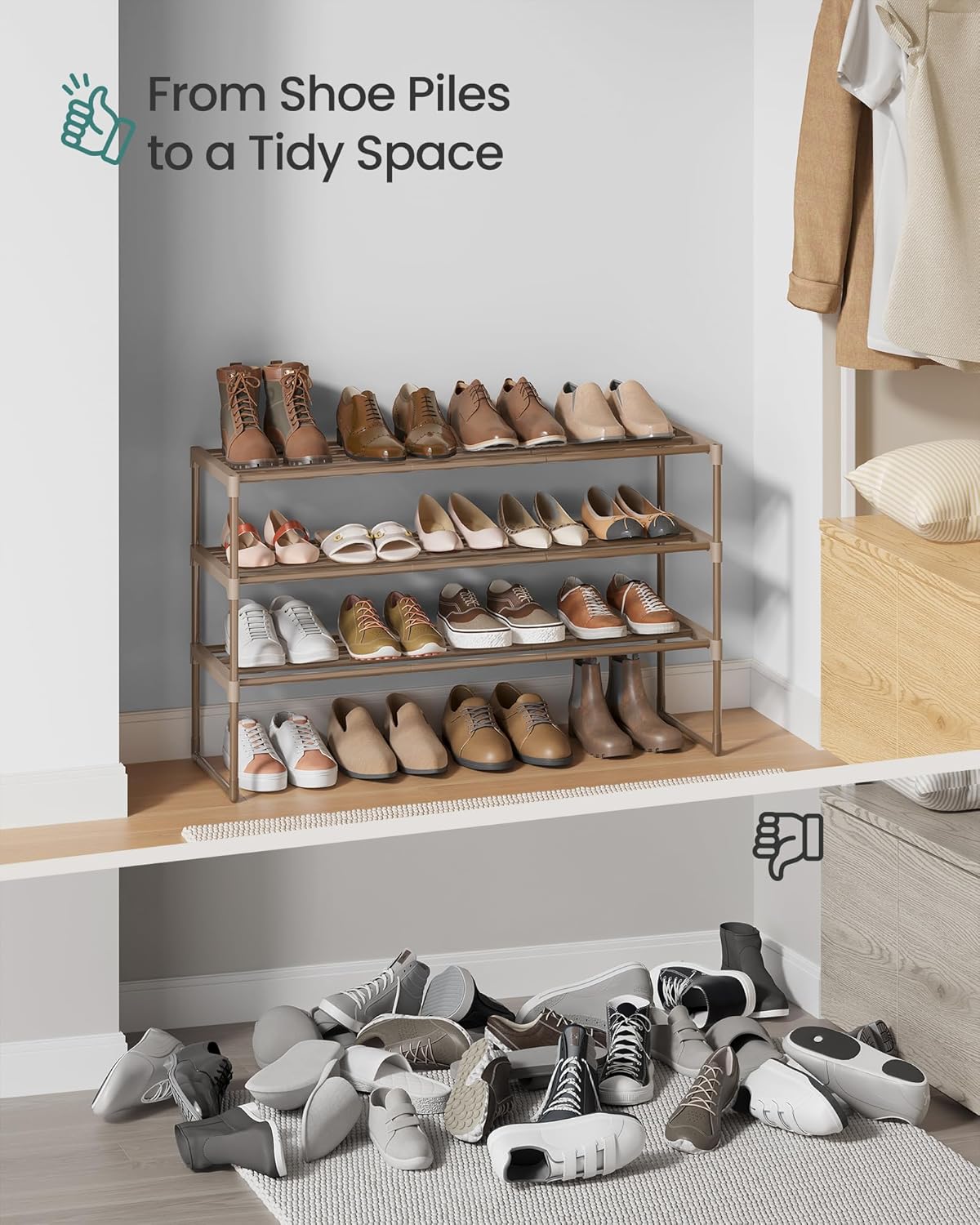 SONGMICS 3-Tier Shoe Rack - Stackable Metal Organizer for 16-20 Pairs | Walnut Brown, 11.8 x 36.2 x 21.7 Inches