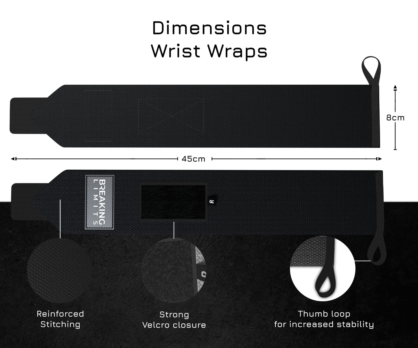 BREAKING LIMITS Set of Lifting Straps & Wrist Wraps - 2 Wrist Bandages, 2 Lifting Aids - Strength Training, Weight Lifting, Bodybuilding, Lift Training, Powerlifting, One Size | (Black)