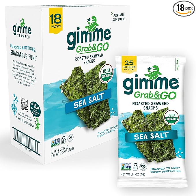 Gimme Seaweed Grab & Go Organic Premium Roasted Seaweed Snacks, Sea Salt, 18 Count Trayless, Keto, Vegan, Gluten-Free, Great Source of Omega3s and Iodine, Healthy On-The-Go Snack for Kids and Adults