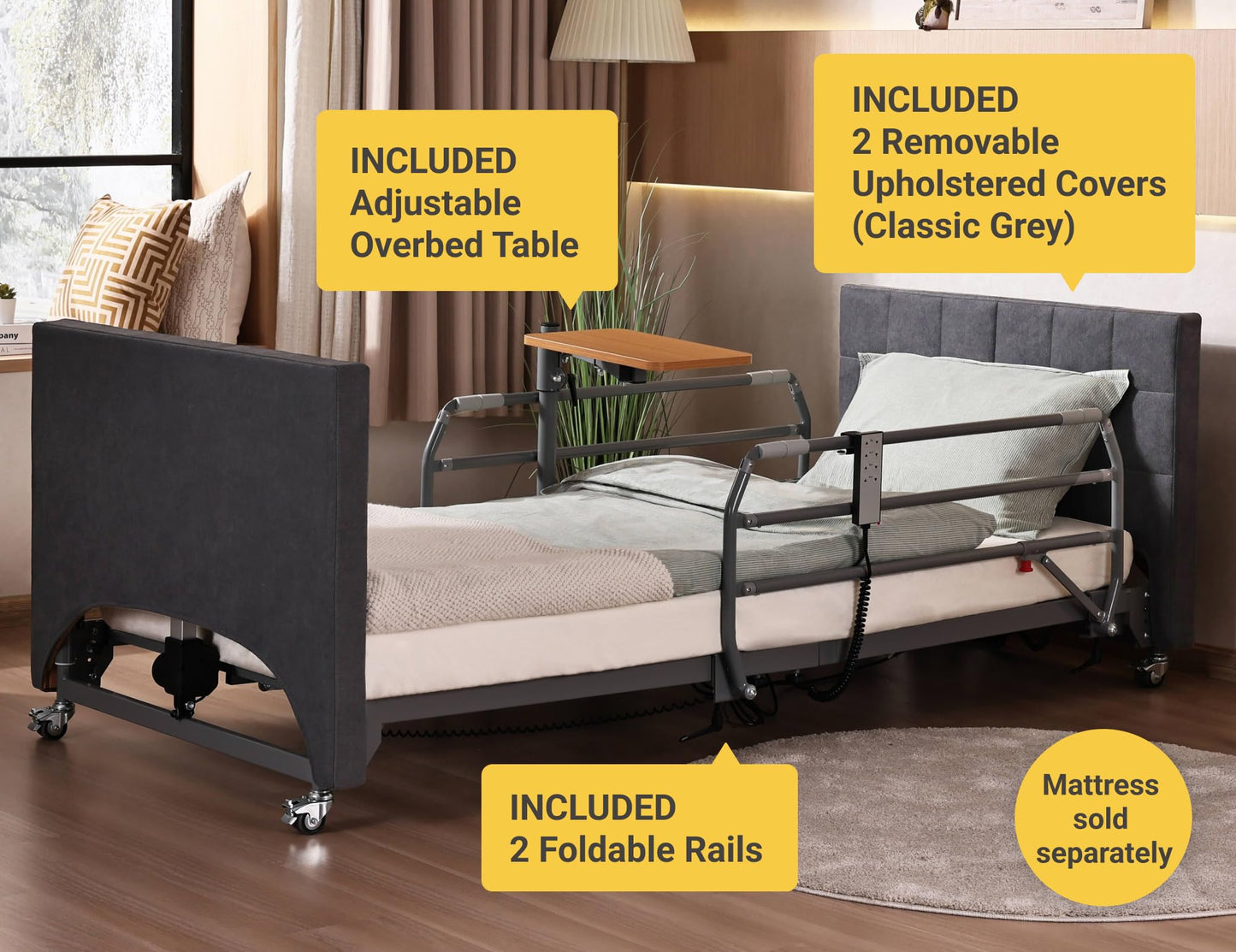 ARMONYO Electric Hospital Bed for Home Use – 5 Functions, Advanced German LIMOSS Motor, Ultra-Low 8.5"–25" Adjustable Height, Double Solid Wood Panels with Medical Overbed Table & Foldable Rails