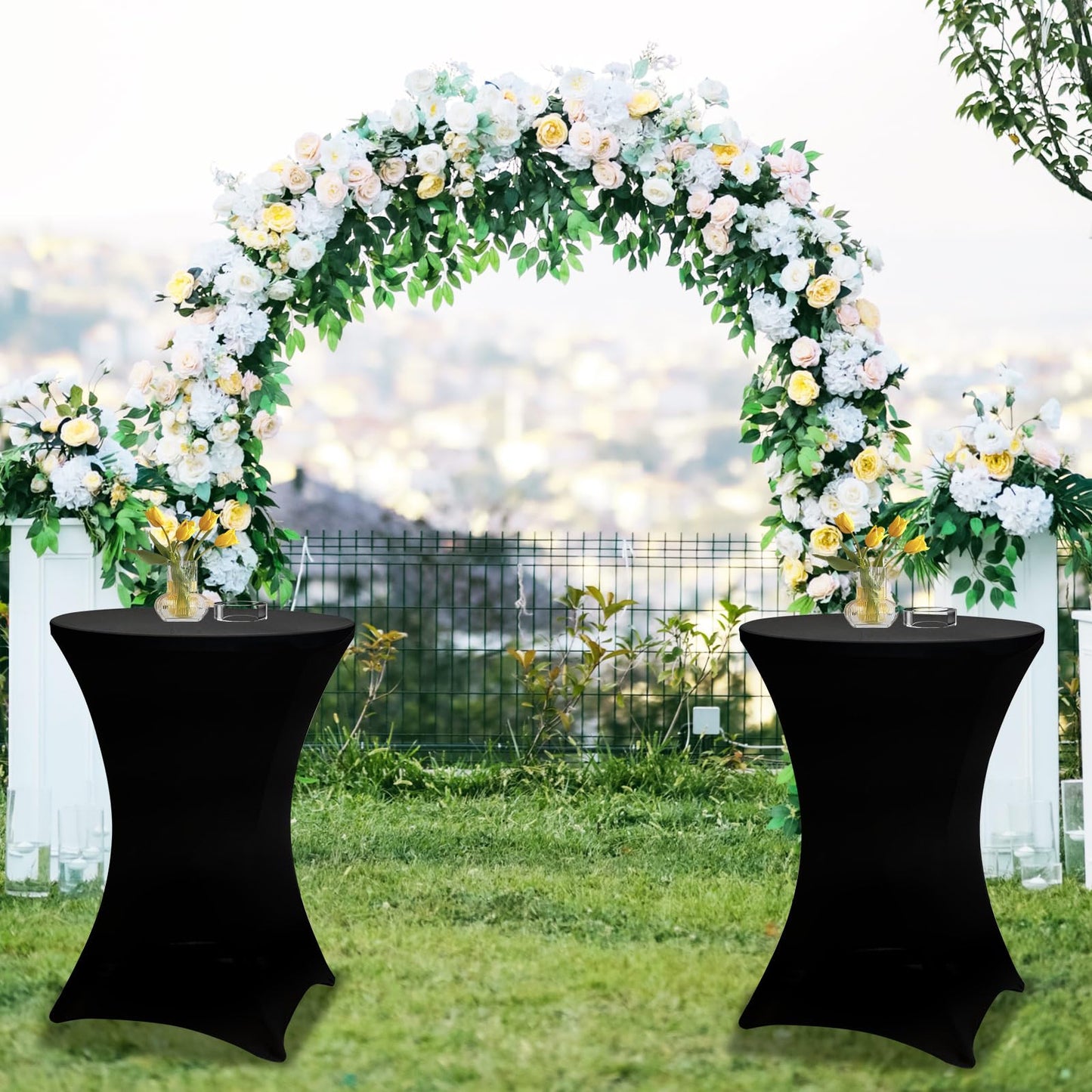 THESEATOP 2Sets 32in Hightop Folding Cocktail Tables+Covers-Spandex Stretch Folding Tall Bar Table Covers, Detachable Legs Bar Height Folding Table Outdoor Indoor Use (Black/2 Tables+2 Covers)