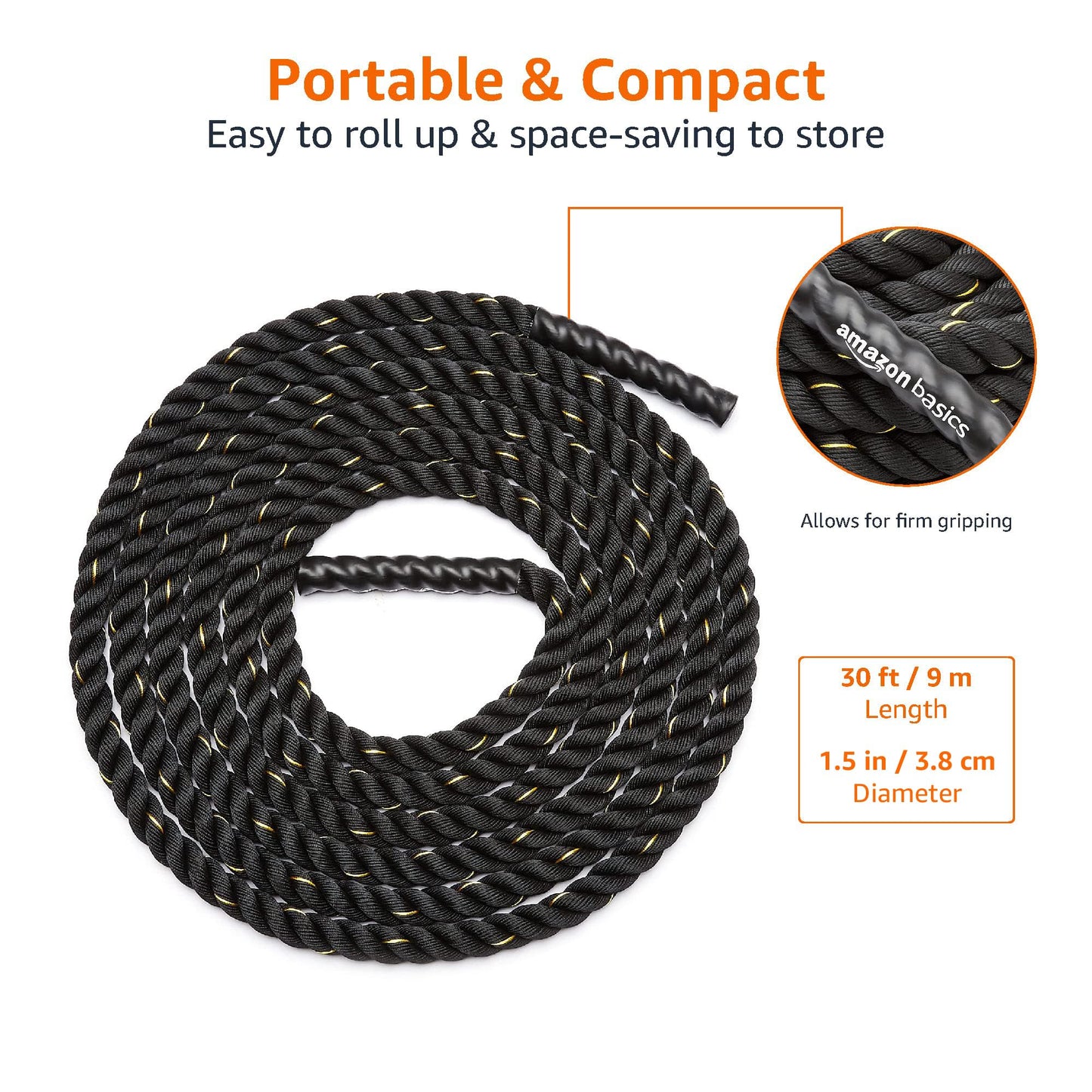 Amazon Basics Battle Rope for Home Gym Workout, Exercise Training Equipment, CrossFit, Strength Training, 1.5 Inch x 30 Feet, Black