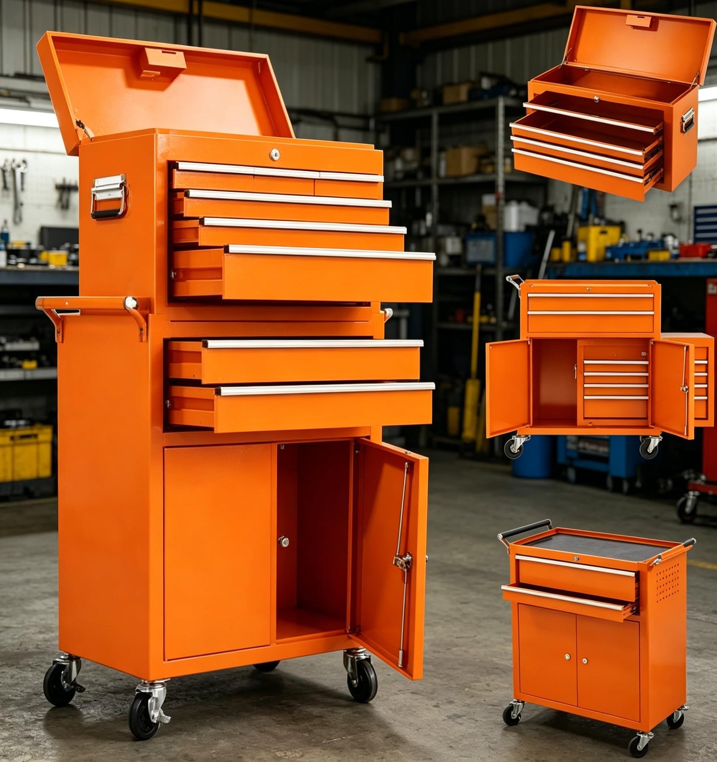 MilleLoom 8 Drawer Tool Chest with Wheels, 2 in 1 Detachable Rolling Tool Box Cabinet, Locking Metal Tool Storage Organizer with Portable Top Chest for Garage Workshop, Orange