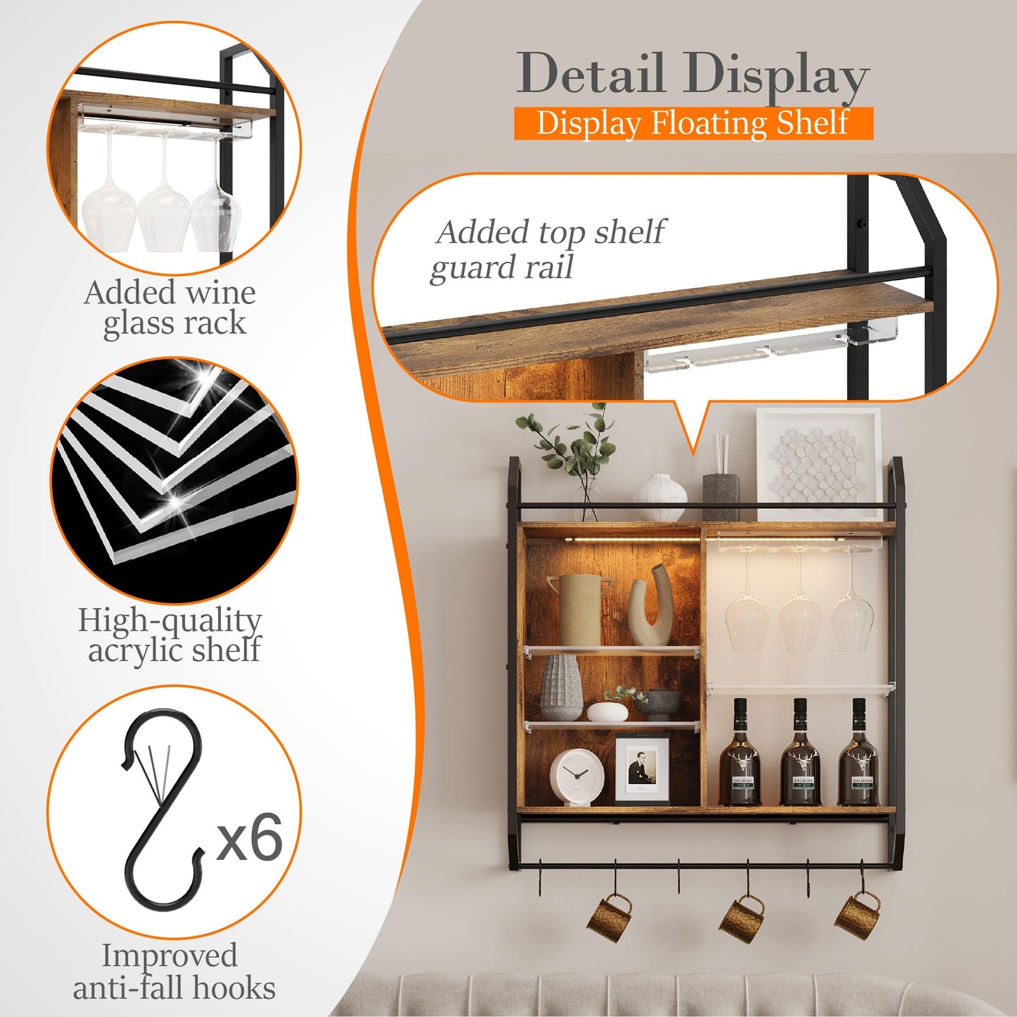 Wall Mounted Rack with LED Lights and Glass Holder, Floating Shelves with 6 S-Hooks,Hanging Wine Glass Rack for Coffee Bar,Home Decor,Gaming Shelf, Hanging Display Rack Bookshelf, Teen Boys Bedroom
