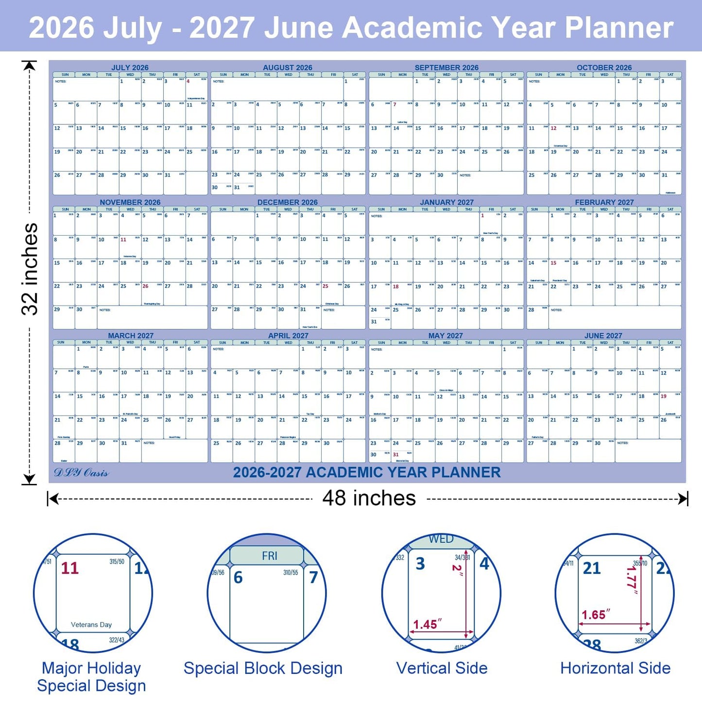 32" x 48" Academic Wall Calendar 2026-2027, July 2026 - June 2027 Folded Wet & Dry Erase, Large Wall Calendar 12 Month, Vertical/Horizontal Reversible, School Yearly Wall Planner with Julian Dates
