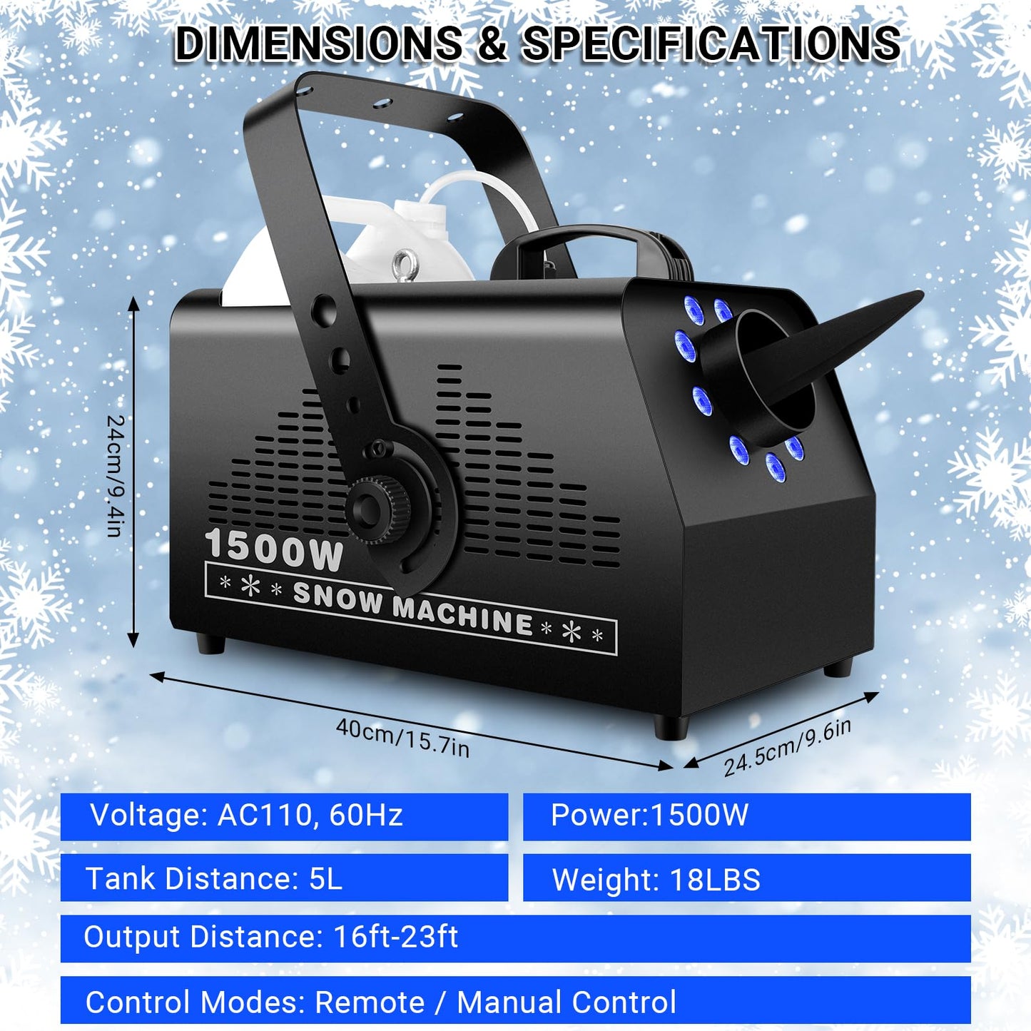1500W Snow Machine Snowflake Maker: Wired & Wireless Remote Snow Volume - with 9LED RGB Lights - Artificial Fake Snow Machine for Outdoor Christmas Party Wedding Fiestas Holiday Stage Effects