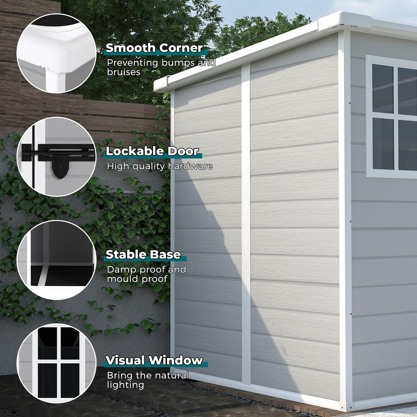 Praxatek 6x6 FT Outdoor Storage Shed, Waterproof Resin with Floor, Window, Lockable Door and Vents, Light Gray