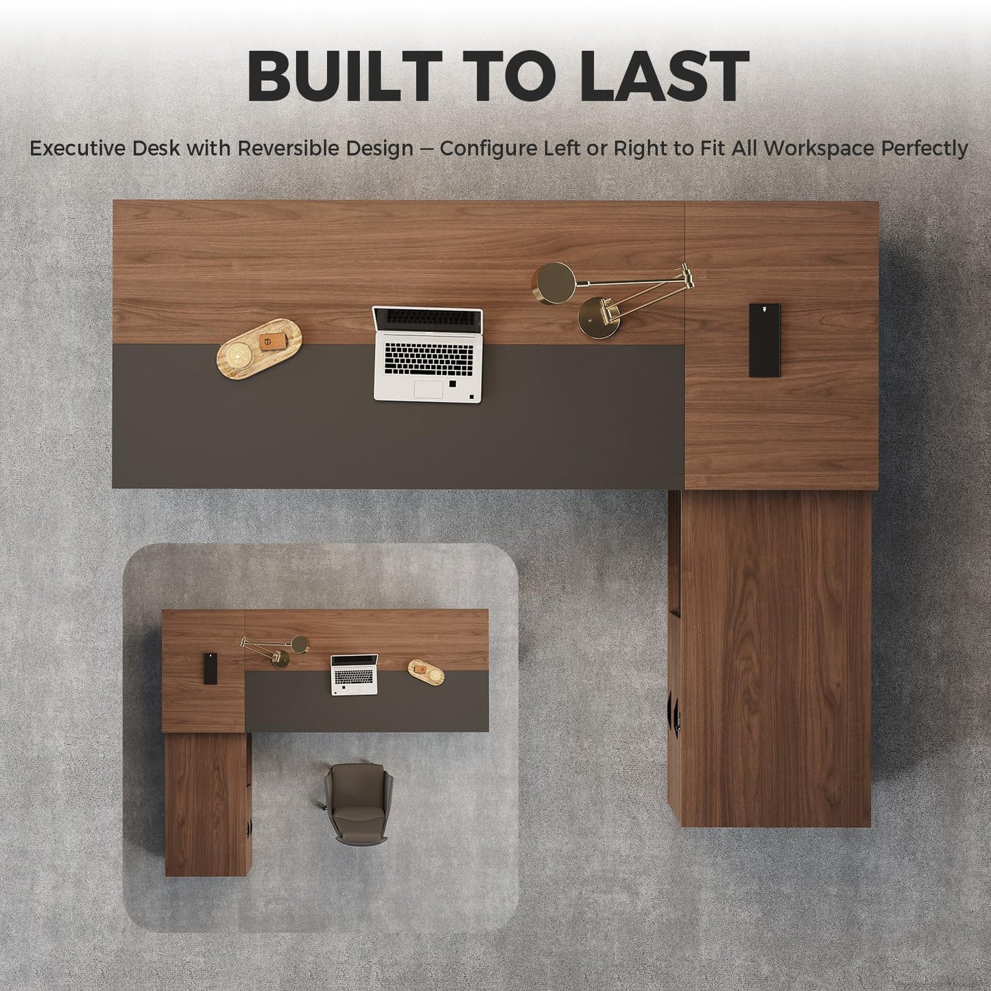 Nuipesn 63-Inch Reversible L-Shaped Executive Desk with Power Outlet & LED Lighting, Large Modern Office Desk with Drawers & Storage Shelves for Home & Office, Red Walnut & Iron Gray