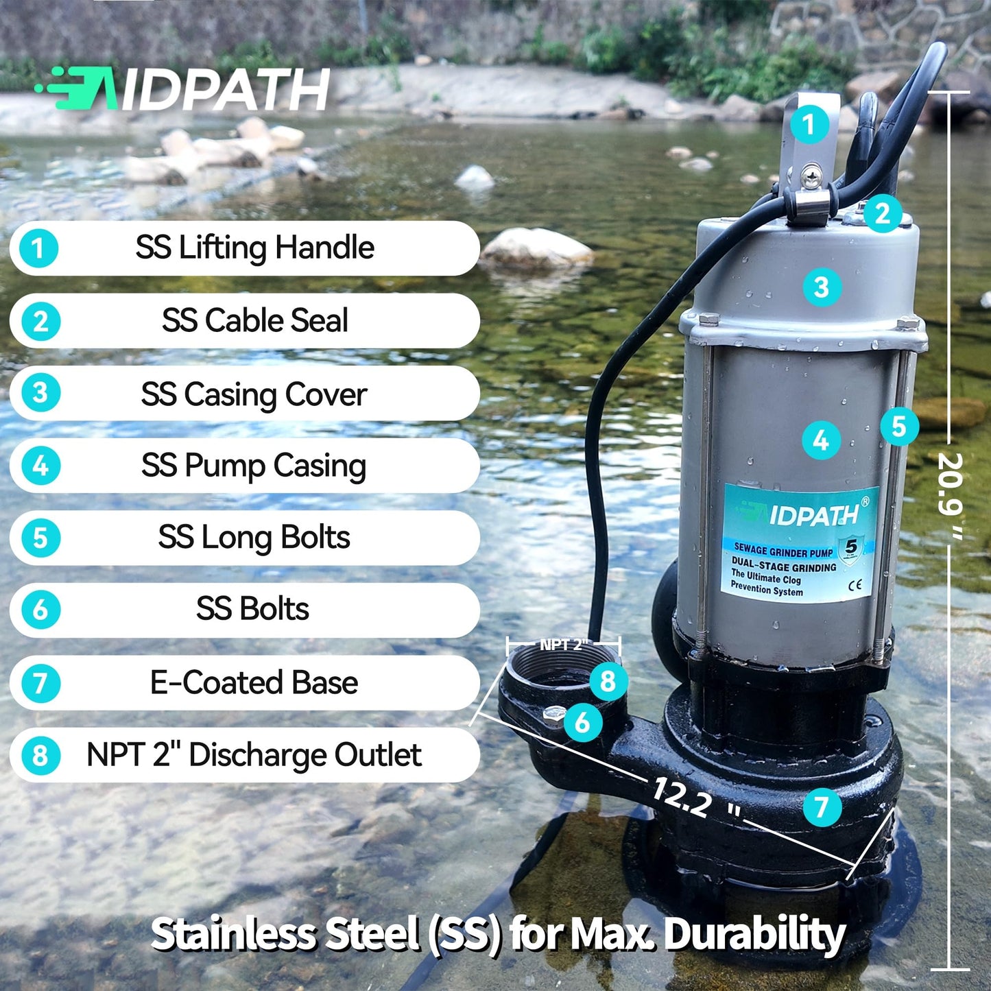 AIDPATH 1HP Submersible Sewage Grinder Pump, Stainless Steel Housing, 2" NPT Discharge - For 30"+ Deep Sewage Basins, Septic Tanks, 52.5ft Head 6076GPH Max Flow, 115V