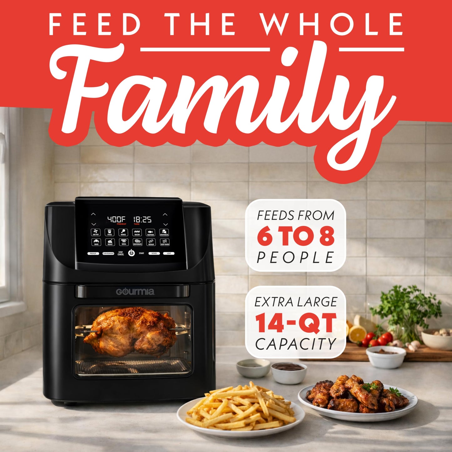 Gourmia Air Fryer - 14 Qt All-in-One Oven with Rotisserie, Digital Display with 12 Presets, Roast, Bake, Broil, Dehydrate, Dishwasher Safe Accessories, Black
