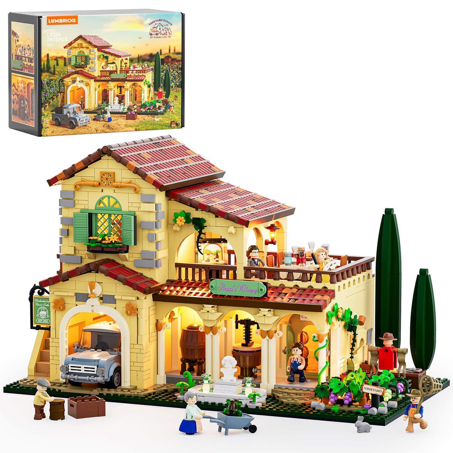 Lumibricks Farm Vineyard-Estate Lighting Building-Bricks-Set - 2800 Pcs Winery Chateau House Collection LED Light Wine Cottage Model Display Set for Adults and Farm Series Building Collectors