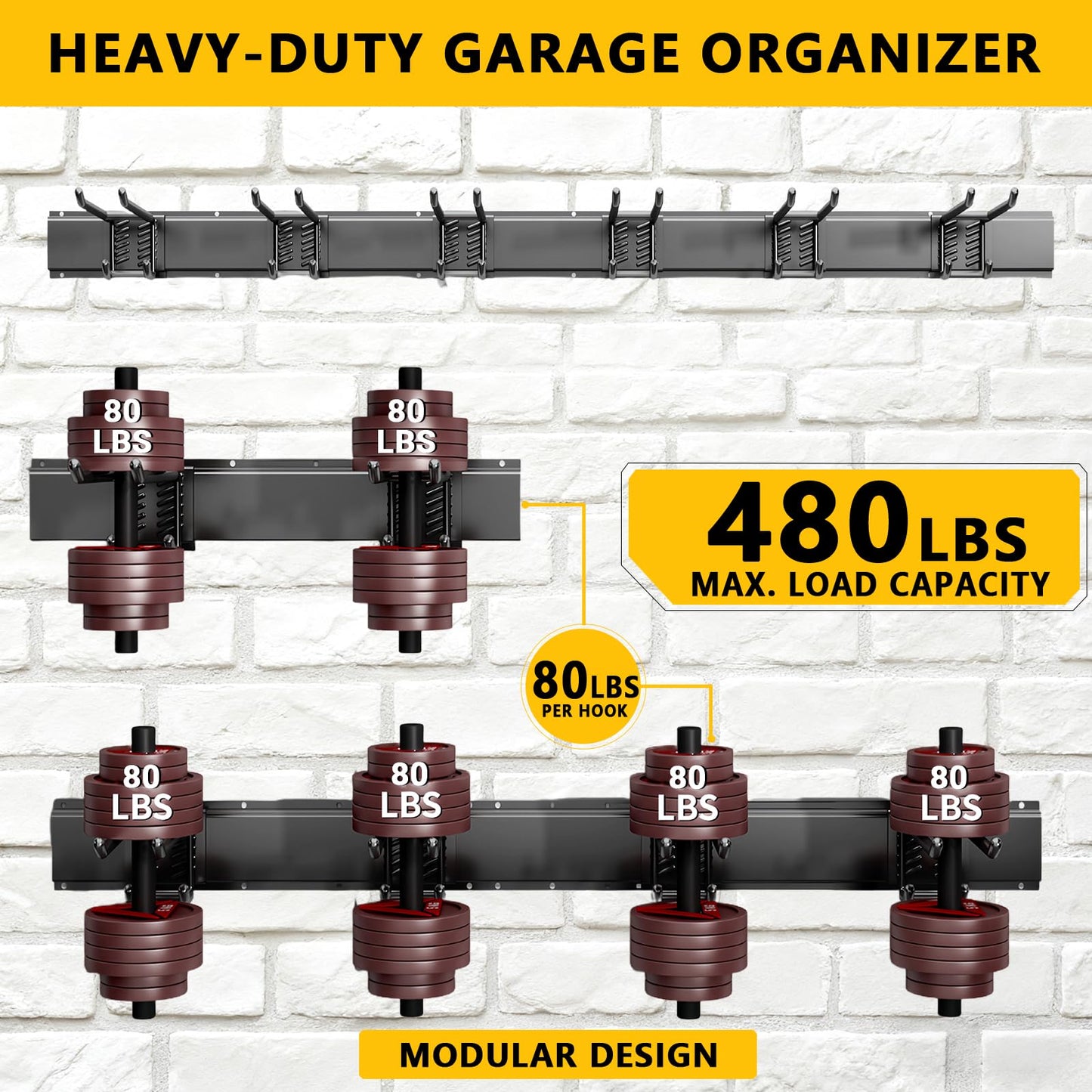 Tebgeag Garage Tool Organizer Wall Mount, 48inch Heavy-Duty Garage Storage System and Garden Tool Organizer with 6 Adjustable Double Hooks for Shovel, Snowboard, Yard Tools and Shed