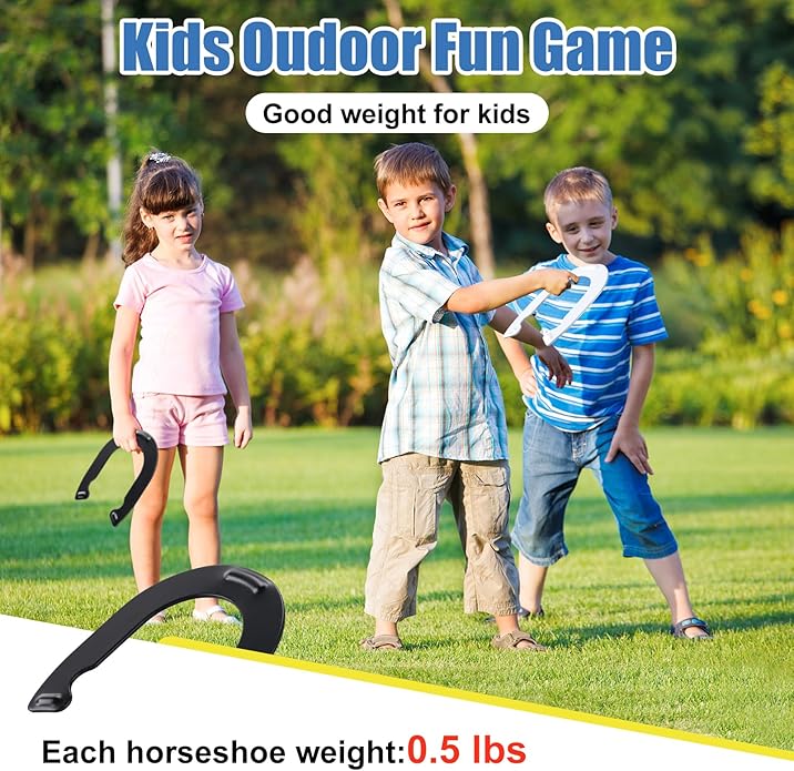 Horseshoes Outside Game for Kids, Metal Horse Shoes Game Kit Includes 4 Horseshoes 2 Stakes, Backyard Beach Outdoor Game for Kids （Not for Adultsï¼?White Black
