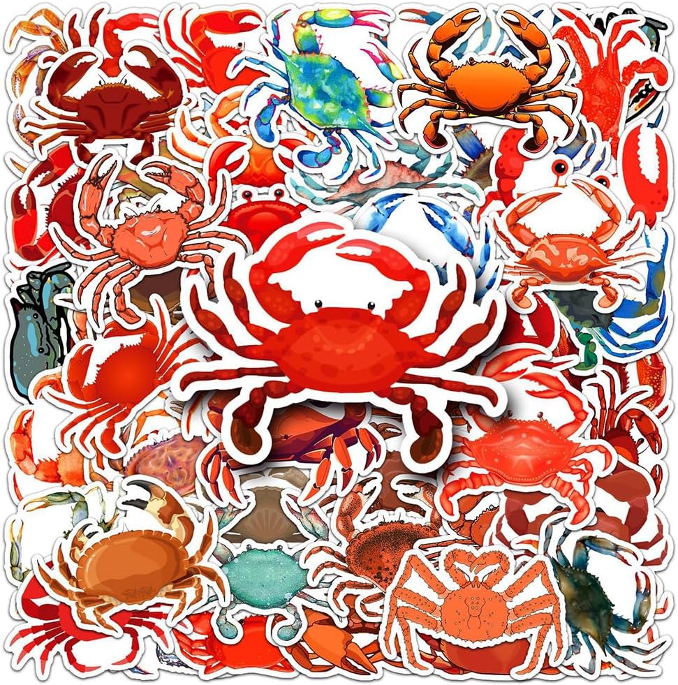 Jukome |50Pcs Crab Stickers Crab Waterproof Vinyl Decals for Water Bottles Laptop Luggage Cup Computer Mobile Phone