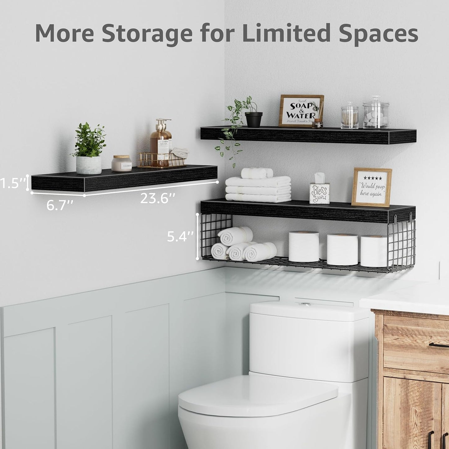 QEEIG Floating Bathroom Shelves - 24-Inch Wall Storage for Toilet Paper | Set of 3, Black