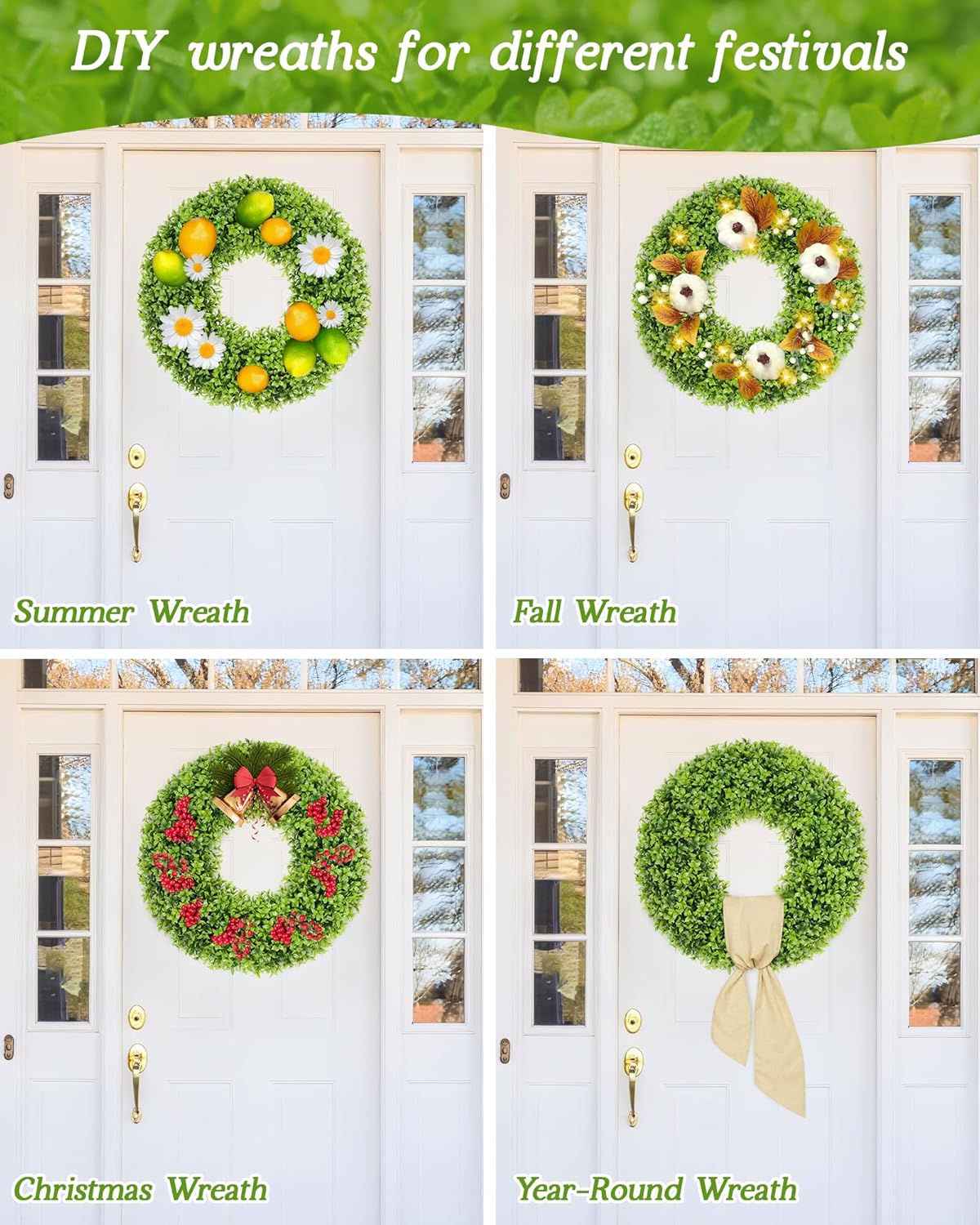 Vlorart 23-Inch Large Boxwood Door Wreath - All-Season Artificial Greenery with Sash & Bow for Indoor/Outdoor Decor