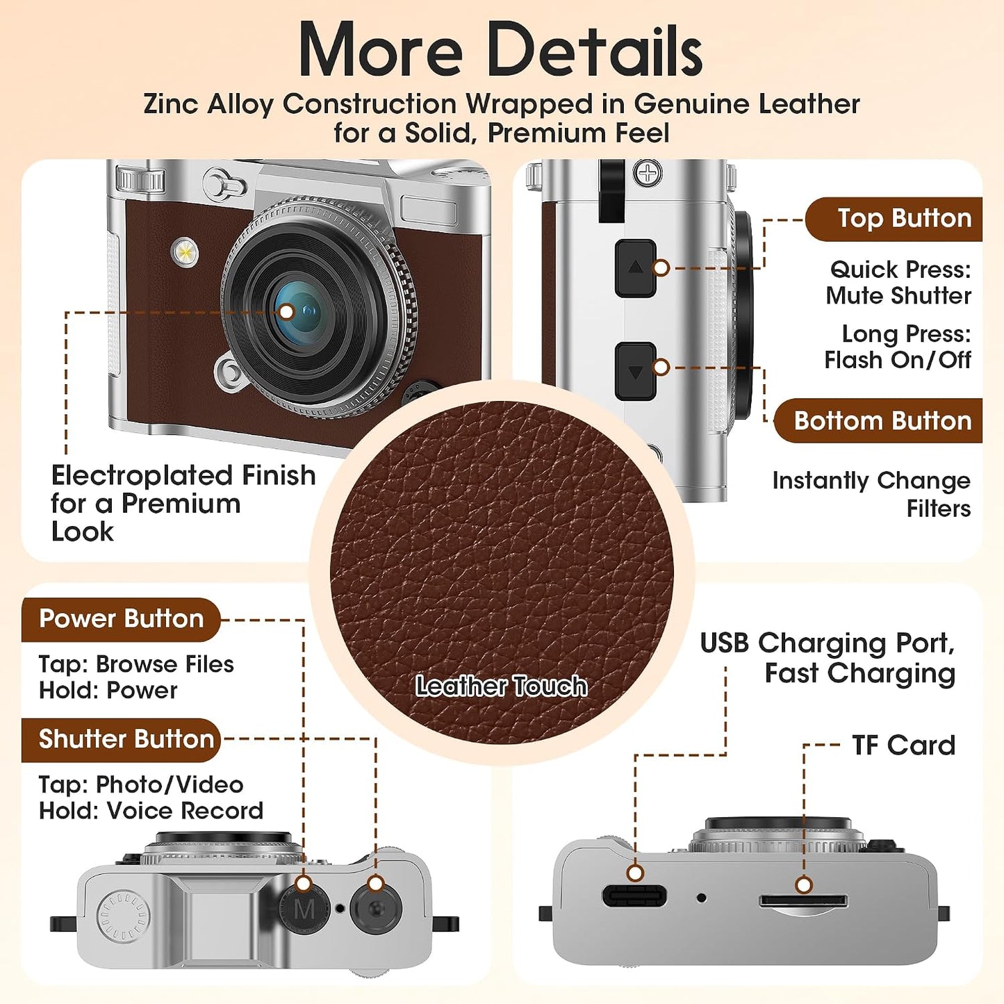 Dienspeak 16GB 2K Tiny Digital Camera, Vintage Mini Keychain Camera for Teens & Beginners, Premium Leather Portable