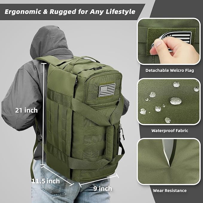 ZOMFELT Tactical Gym Bag for Men, 3-in-1 Travel Duffle Bag with Removable Dividers & Innovative Shoe Compartment, Waterproof MOLLE Travel Backpack, Airplane Carry-On Approved Workout, Outdoor, Green