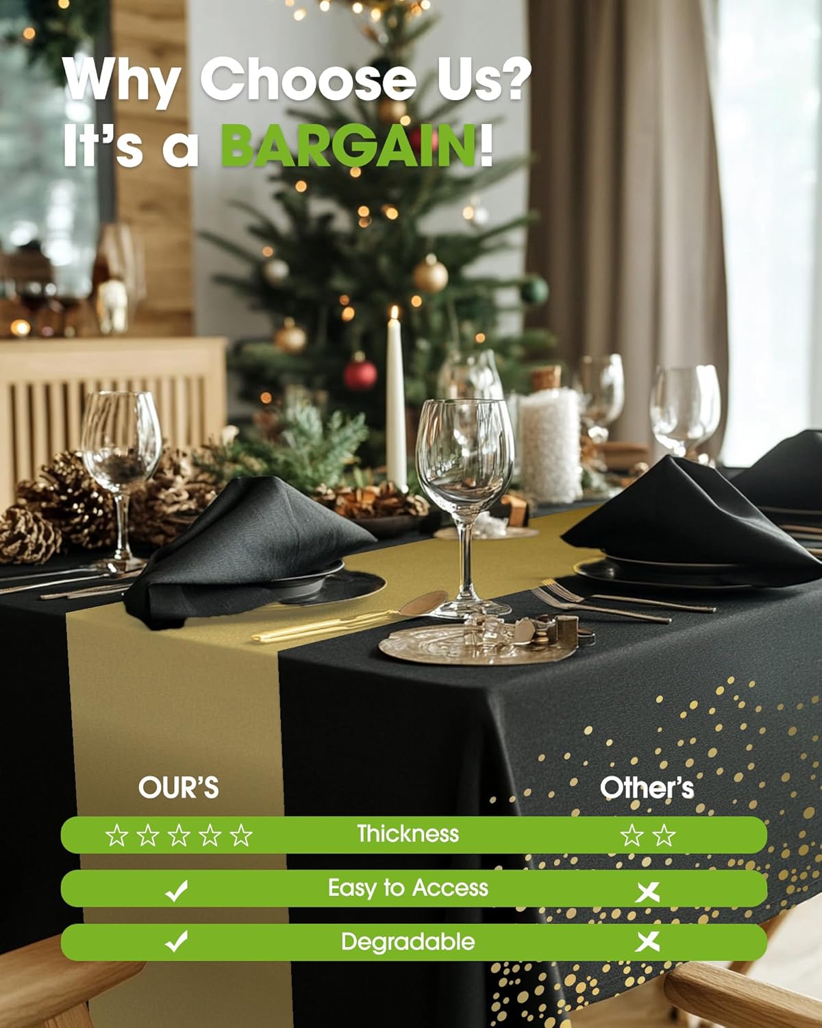 Pureegg Disposable Plastic Tablecloths - 8 Pack, 54 x 108 Inch, Leakproof & Sturdy, Black Gold for Graduation Parties