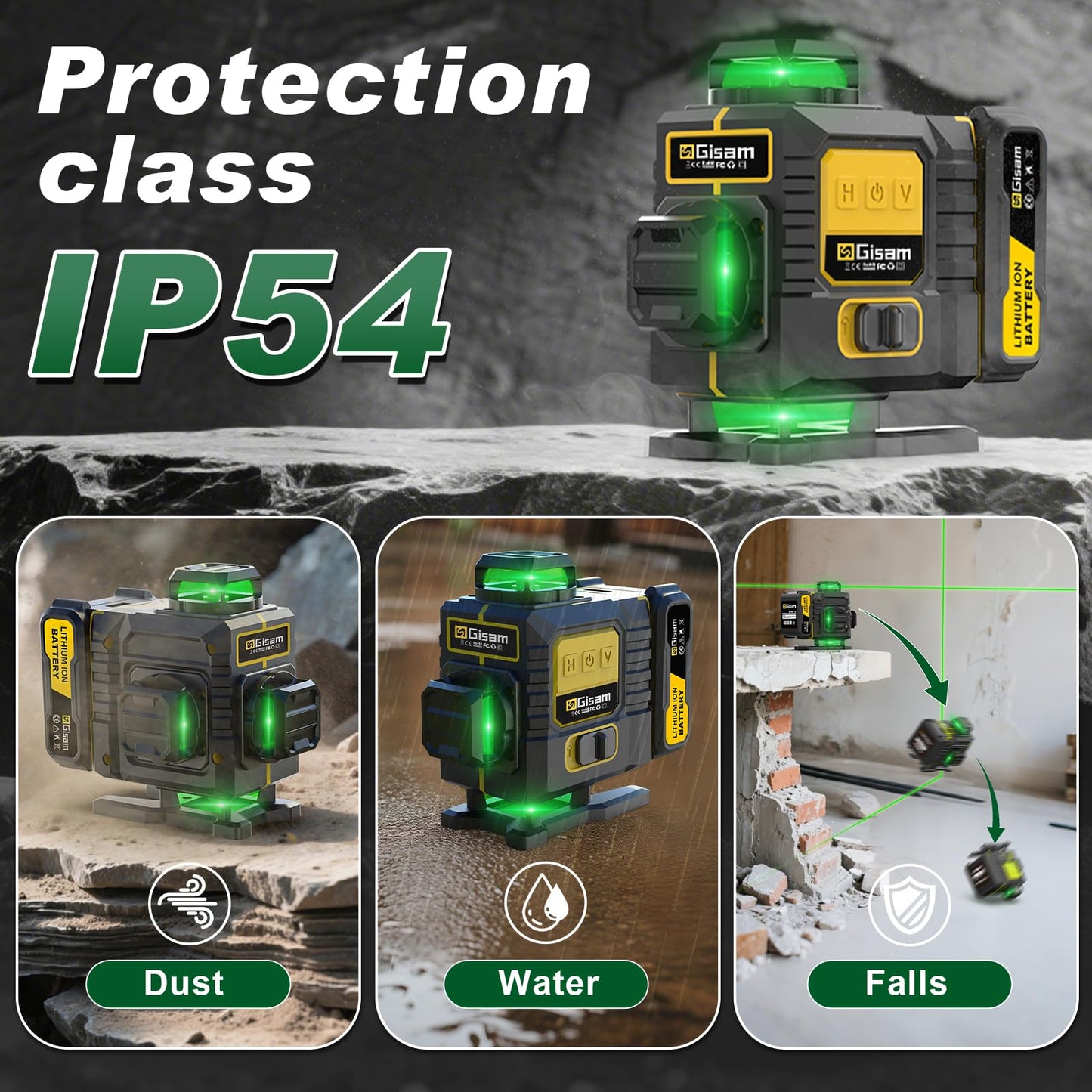 Gisam Laser Level with Tripod- 360° Rotating Window, Lazer Leveler Tool with Pulse Mode, 4D 16-Line Self Leveling Green Lazer Level with 2 * 4800mAh Batteries for Construction Tiling Home Renovation