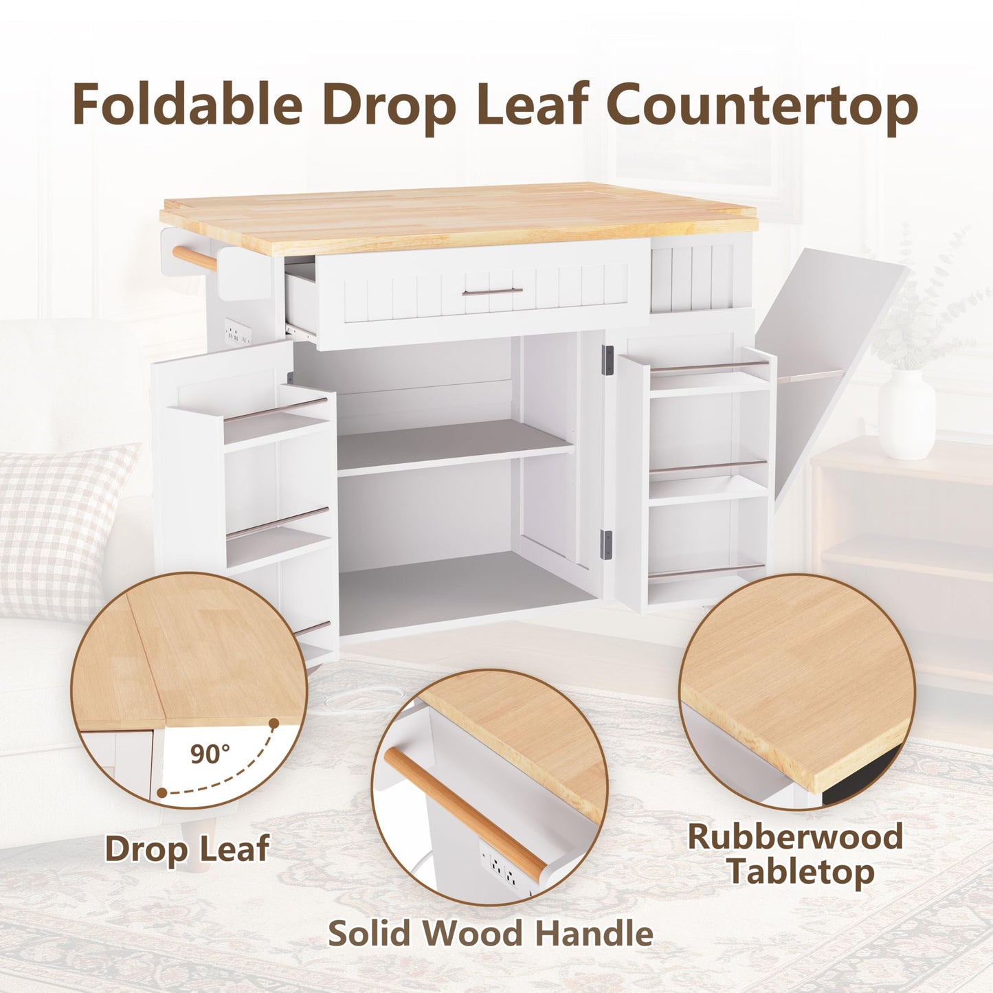 TEROL Kitchen Island with Outlet, Rolling Kitchen Cart Storage on Wheels with Drop Leaf, Trash Can Area, Spice Rack, Towel Bar, Adjustable Shelf, Drawer, Mobile Island Table for Kitchen