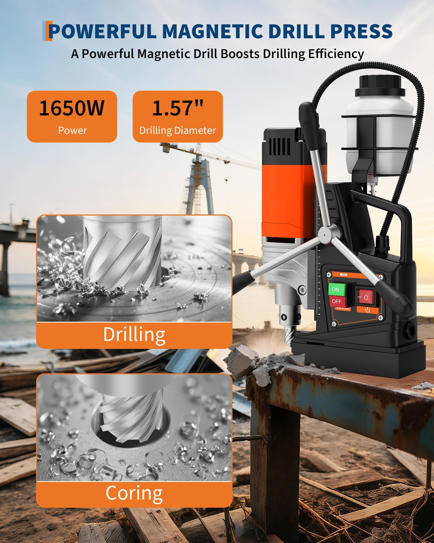 High-Power 1650W Magnetic Drill Press, 1.57" Max Boring, 810 RPM Mag Drill for Metal, Portable Electric Drill Press for Industrial & Home, Heavy-Duty Magnetic Drilling Machine