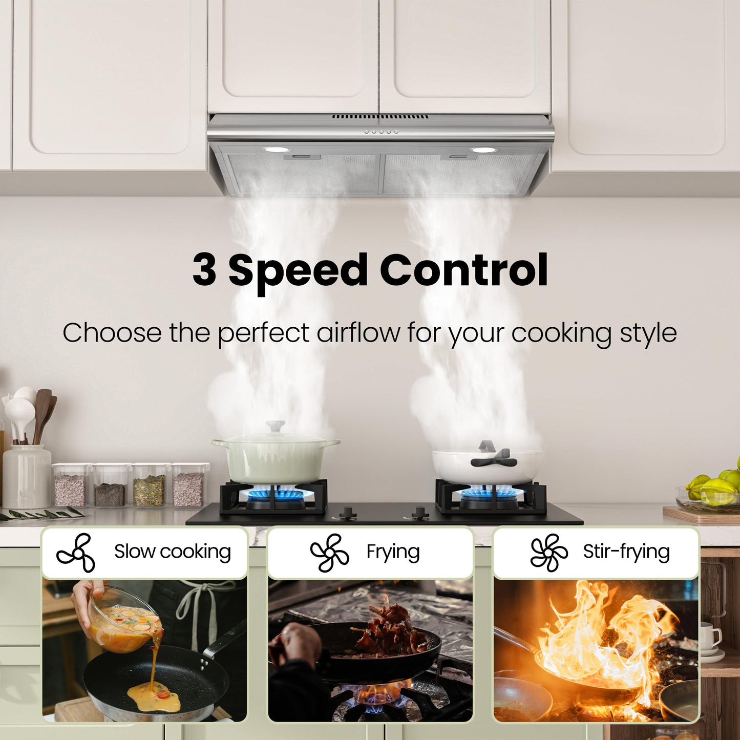 FIREGAS 30 Inch Under Cabinet Range Hood, 300 CFM Ducted/Ductless Kitchen Vent Hood Over Stove, 3-Speed Exhaust Fan with LED Light, Reusable Filter & Charcoal Filter, Stainless Steel