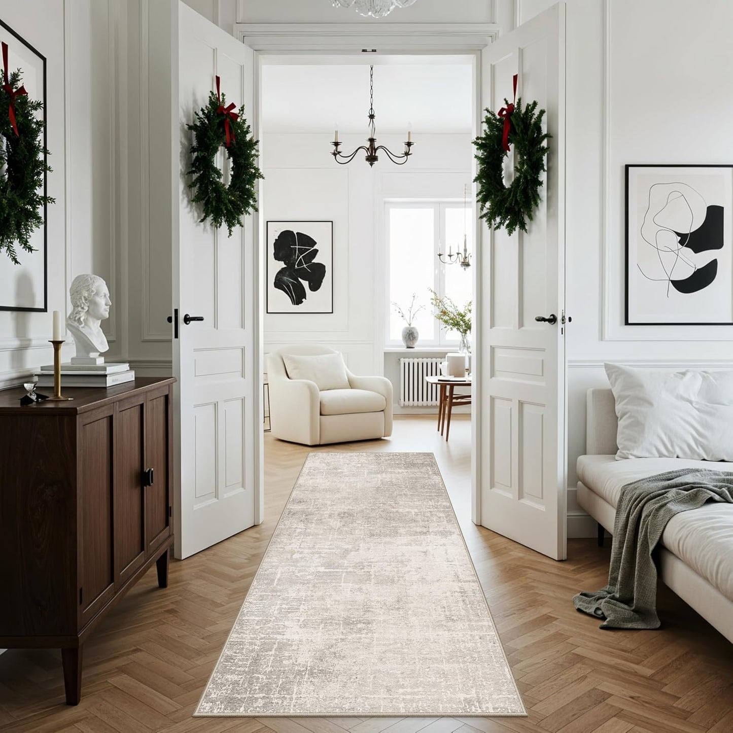 Skiennix 3x7 Washable Hallway Runner Rug - Abstract Stain Resistant | Ultra Soft Non-Slip Carpet in Beige/Cream