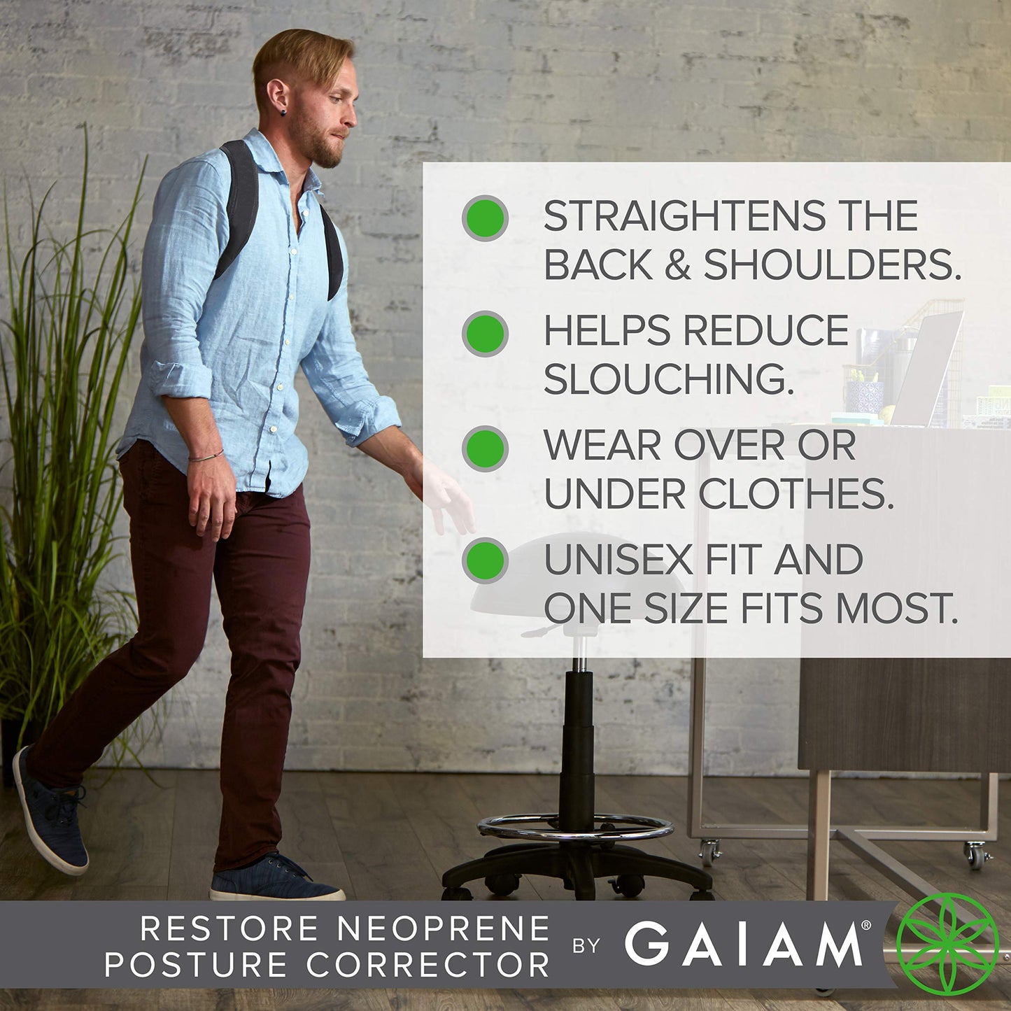 Gaiam Restore Posture Corrector for Women & Men - Neoprene Support with Adjustable Straps