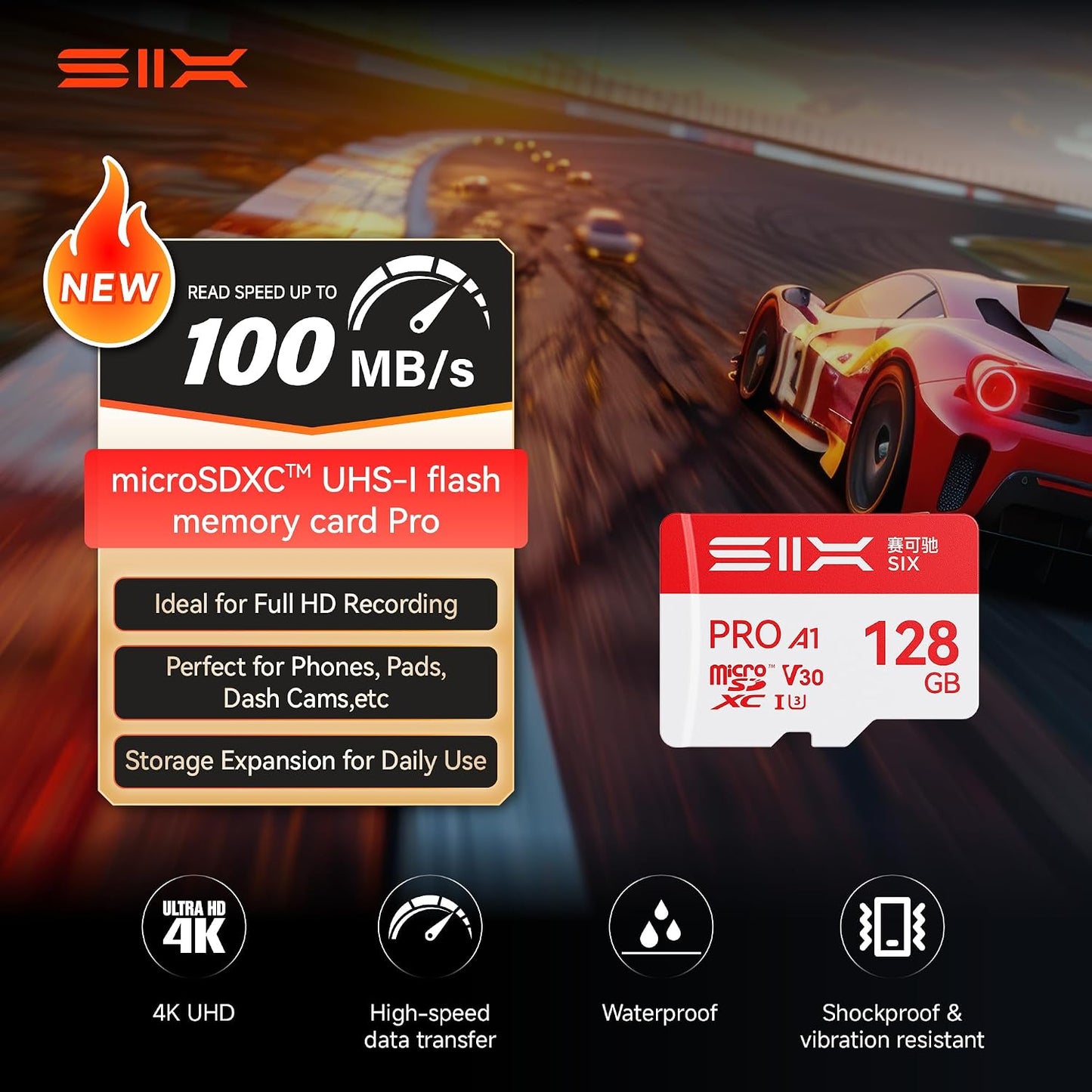 SIX M100 128GB 100MB/s A1, U3, V30 4K 128GB Micro SD Card Read Up to - Support UHD microSDXC Memory Card with Adapter