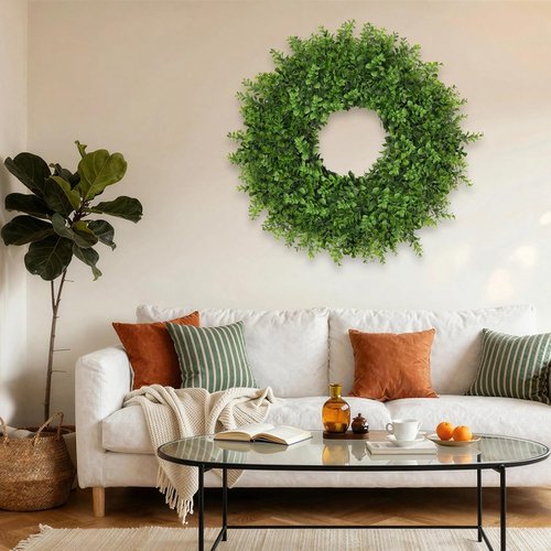 Large 26-Inch Boxwoods Wreath by [Brand Name] - Artificial Green Leaves for Year-Round Home Decor