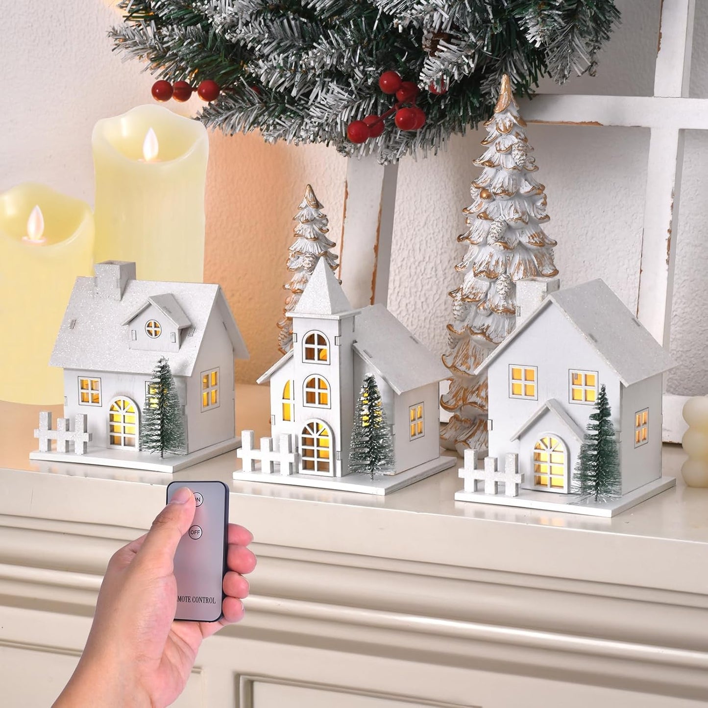 Skiennix Christmas Village Set - 3 White Xmas Houses with Remote-Control LED Candles | Indoor Table Decor