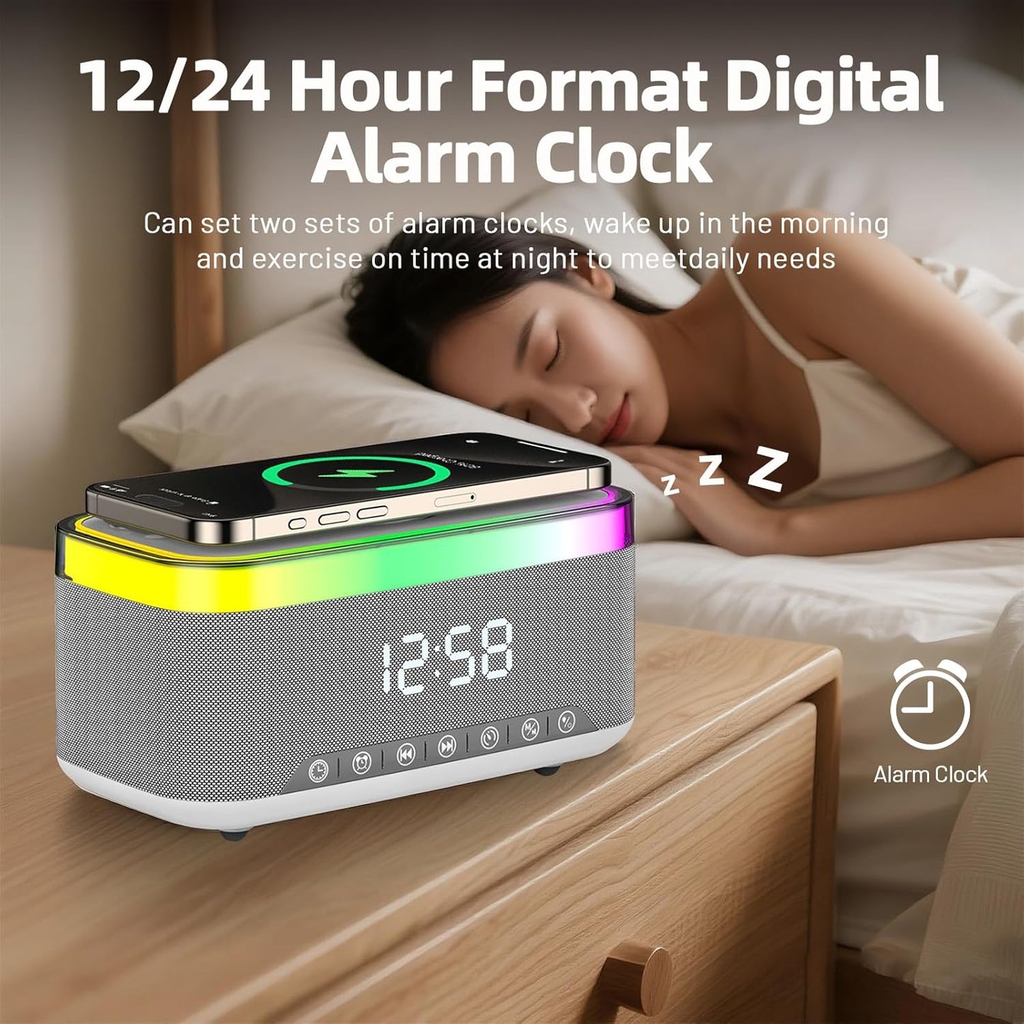 Strackvial 15W 2x10W 6 BT5.3/AUX/TF/USB, Bluetooth Speaker with Wireless Charging & Digital Clock, LED Display, Qi