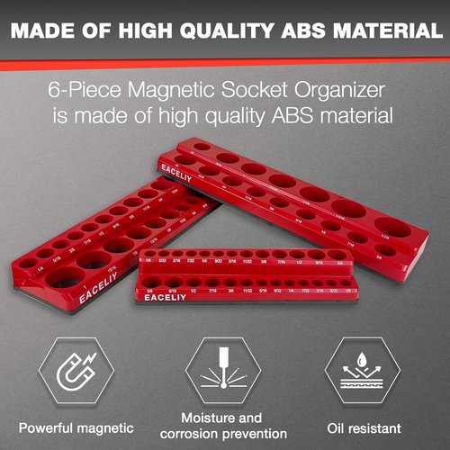 EACELIY Magnetic Socket Organizer Set - 6-Piece Holder for 1/2", 1/4", 3/8" SAE & Metric Sockets | Attaches to Tool Cart