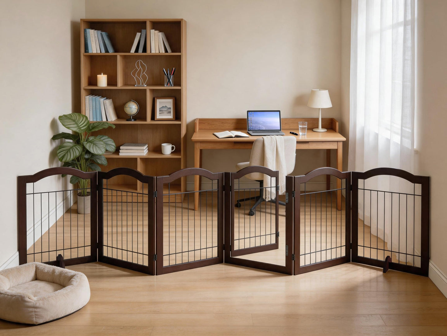 Vantas Espresso Wooden Folding Dog Gate 144" Wide x 30" Tall with Door, Freestanding Pet Gate, Pet Puppy Safety Fence