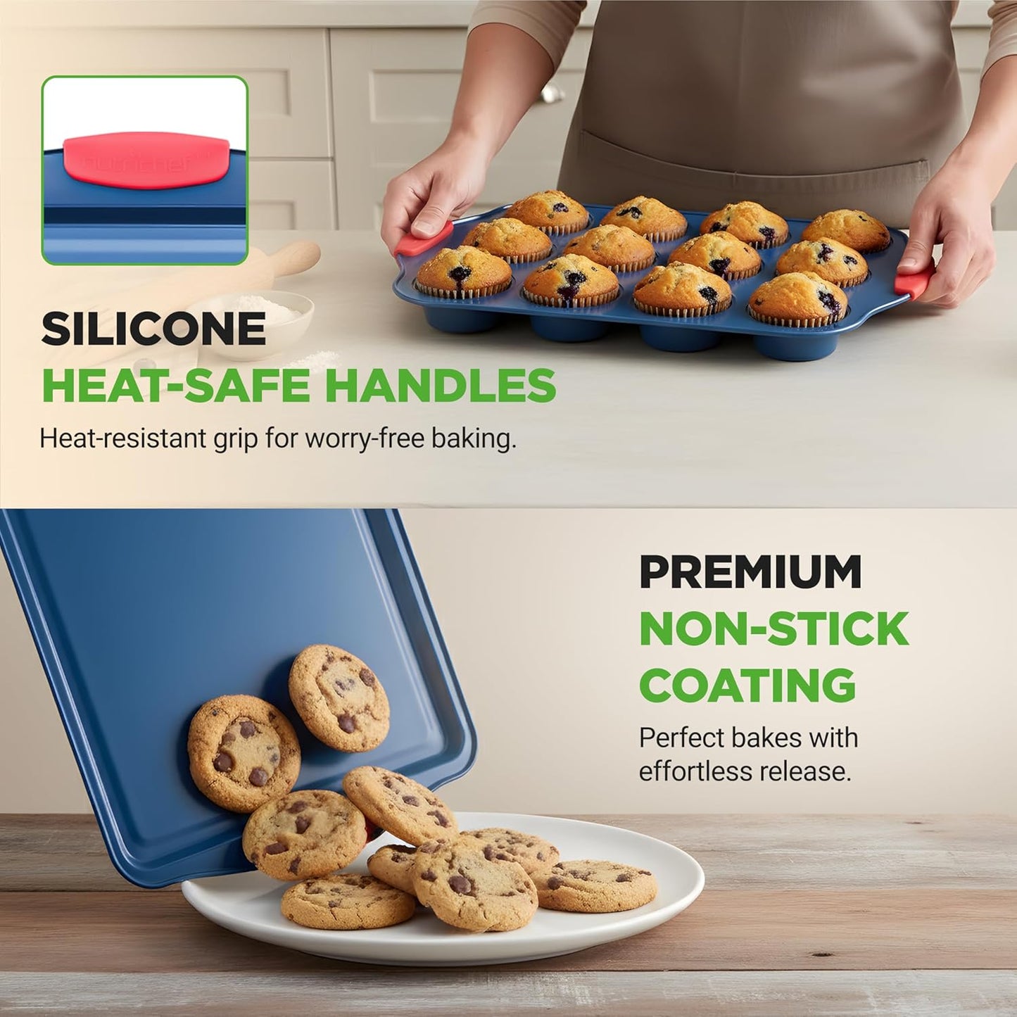 NutriChef 10-Piece Nonstick Bakeware Set - Premium Carbon Steel Pans with Silicone Handles | Includes Pizza Tray, Muffin Pans, Cookie Sheets & More - Blue