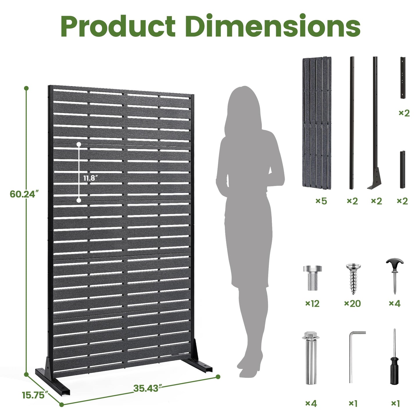 Diyfire Privacy Screen Outdoor 60" H HDPE Decorative Freestanding Privacy Panel, Garden Divider Panels with Sandblasting Louvered Design, Privacy Screens Fence with Stand for Outside, Patio, Balcony