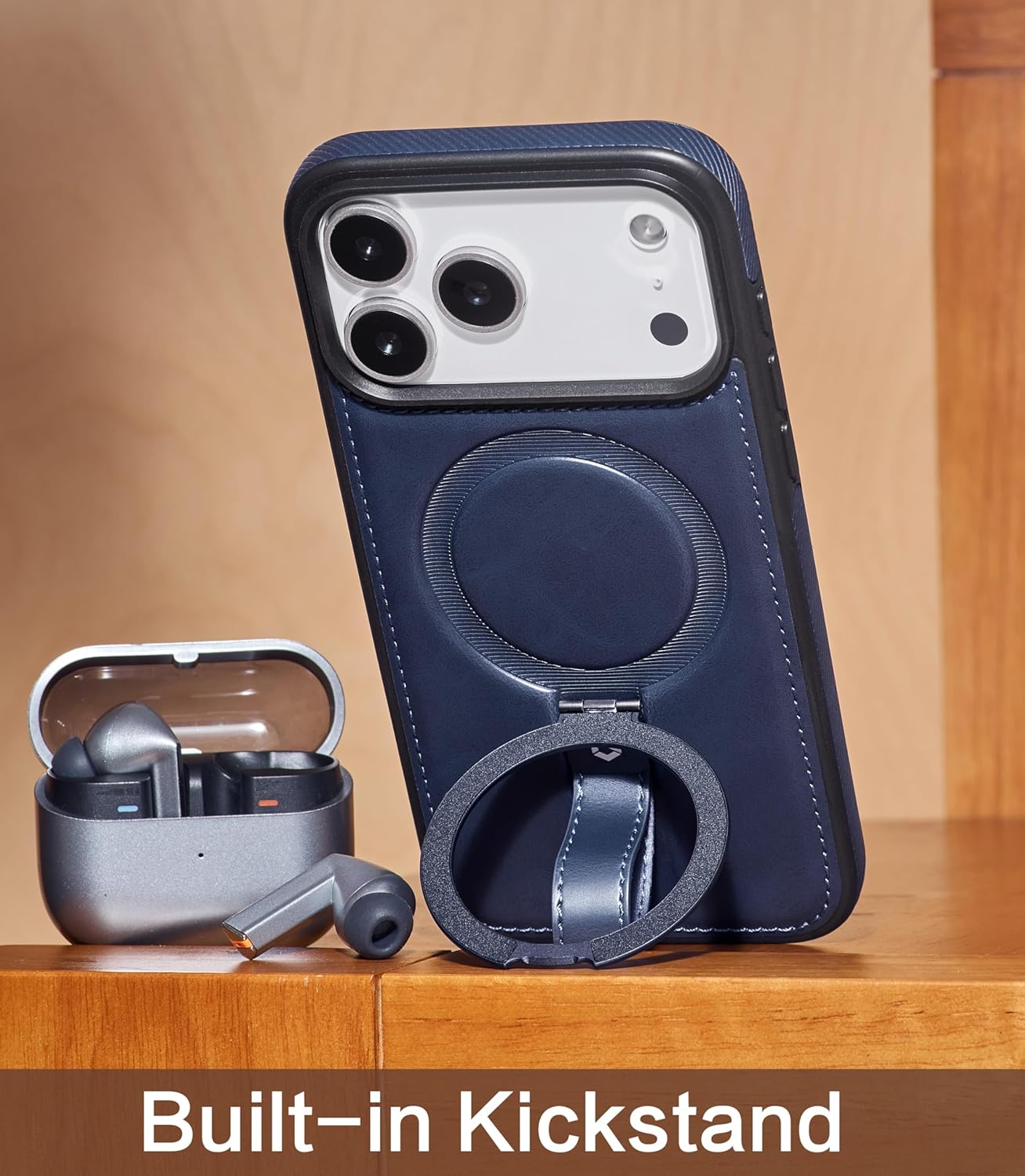 Butaiga 17 17 for iPhone Pro Max Leather Case with Stand, Anti-Slip Grip Ring, Fits for MagSafe (Blue, iPhone Pro Max)