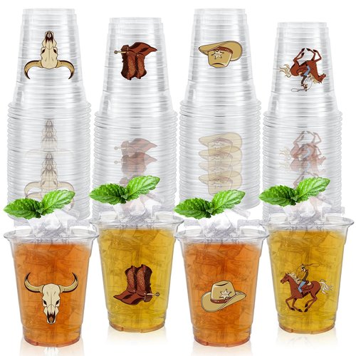 50 Pcs 12OZ Western Cowboy Plastic cups, Western Party Decorations Disposable Western Print Clear Plastic Cups Juice Soda Beverage Birthday Party Favors For Western Cowboy Themed Party Supplies