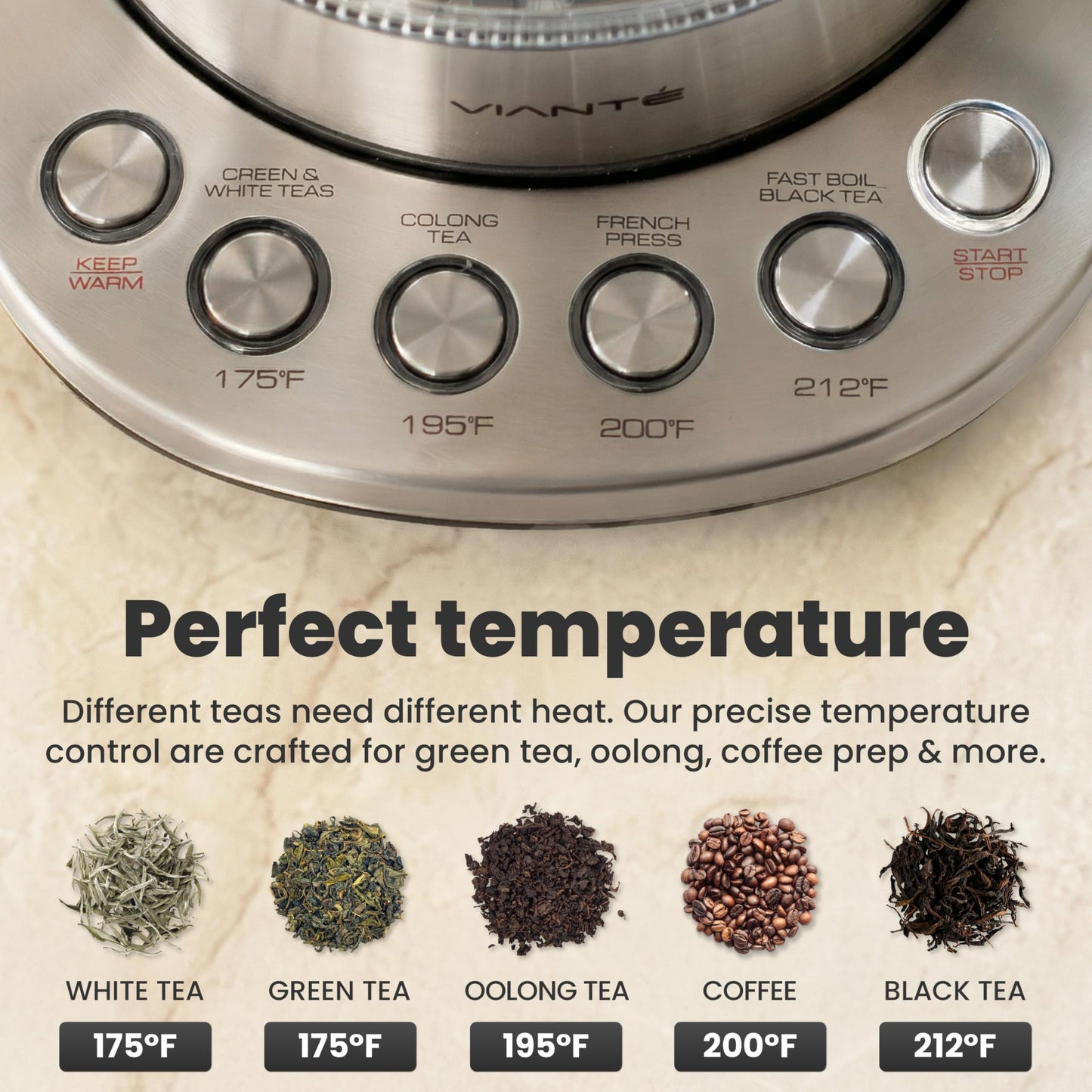 Viante Alba Electric Tea Kettle with Infuser, No Plastic In Contact With Water, 1.5L Borosilicate Glass, 304 Stainless Steel, 4 Temperature Presets, Keep Warm, Cordless, Auto Shut-Off