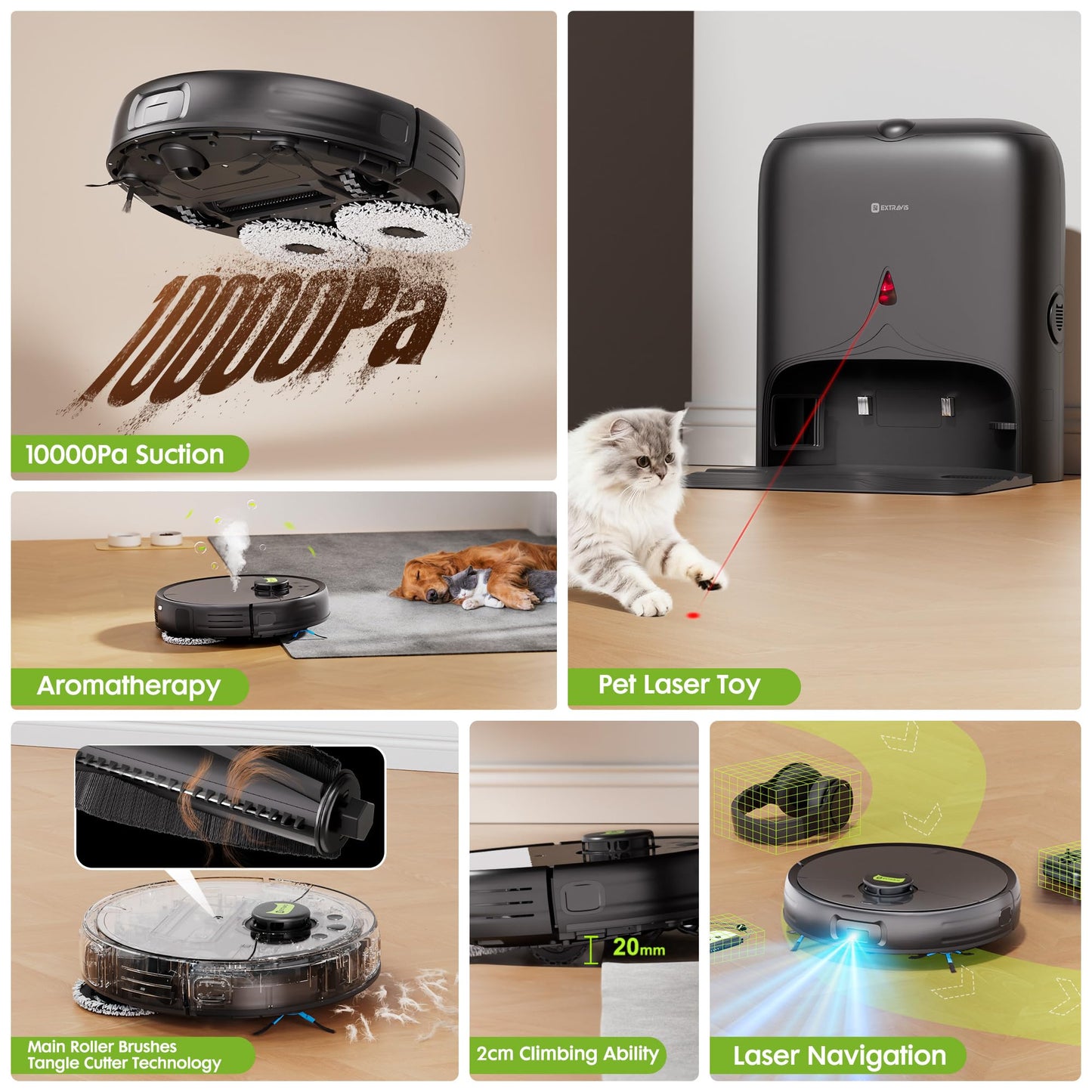 Robot Vacuum and Mop, Pet Hair Tangle-Free Cutter Technology, Max 10,000Pa Suction, Laser Navigation, Pet Laser, 75-Days Capacity, Carpet Lift Detection, APP ＆ Voice Control, Robotic Vacuums Cleaner