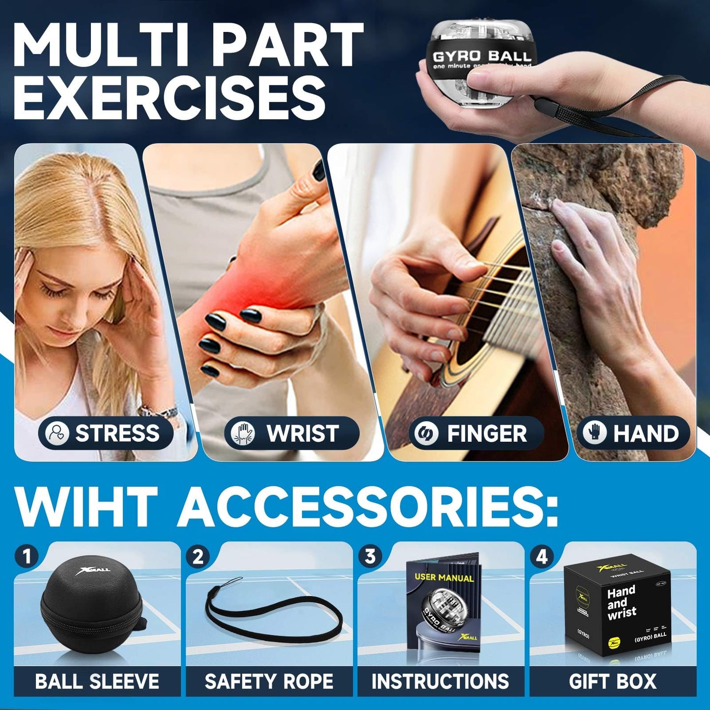XMALL Torque Ball Hand Exerciser, Grip Strength Trainer, Forearm Strengthener, Wrist Power Gyro Ball, Hand Strengthening Devices, Wrist Strengthener, Finger Exerciser, Auto-Start(Black-WithoutLight)