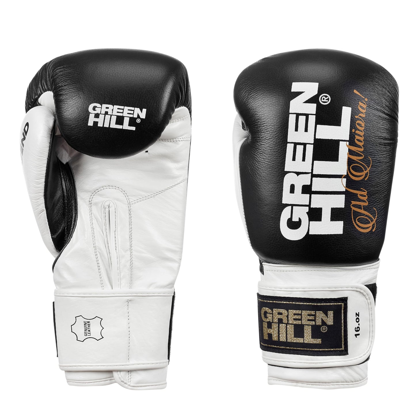 Green Hill Legend Boxing Gloves – Professional Leather Training & Sparring Gloves for MMA, Muay Thai & Kickboxing –Wrist Support, Breathable Design - Black/White 16oz