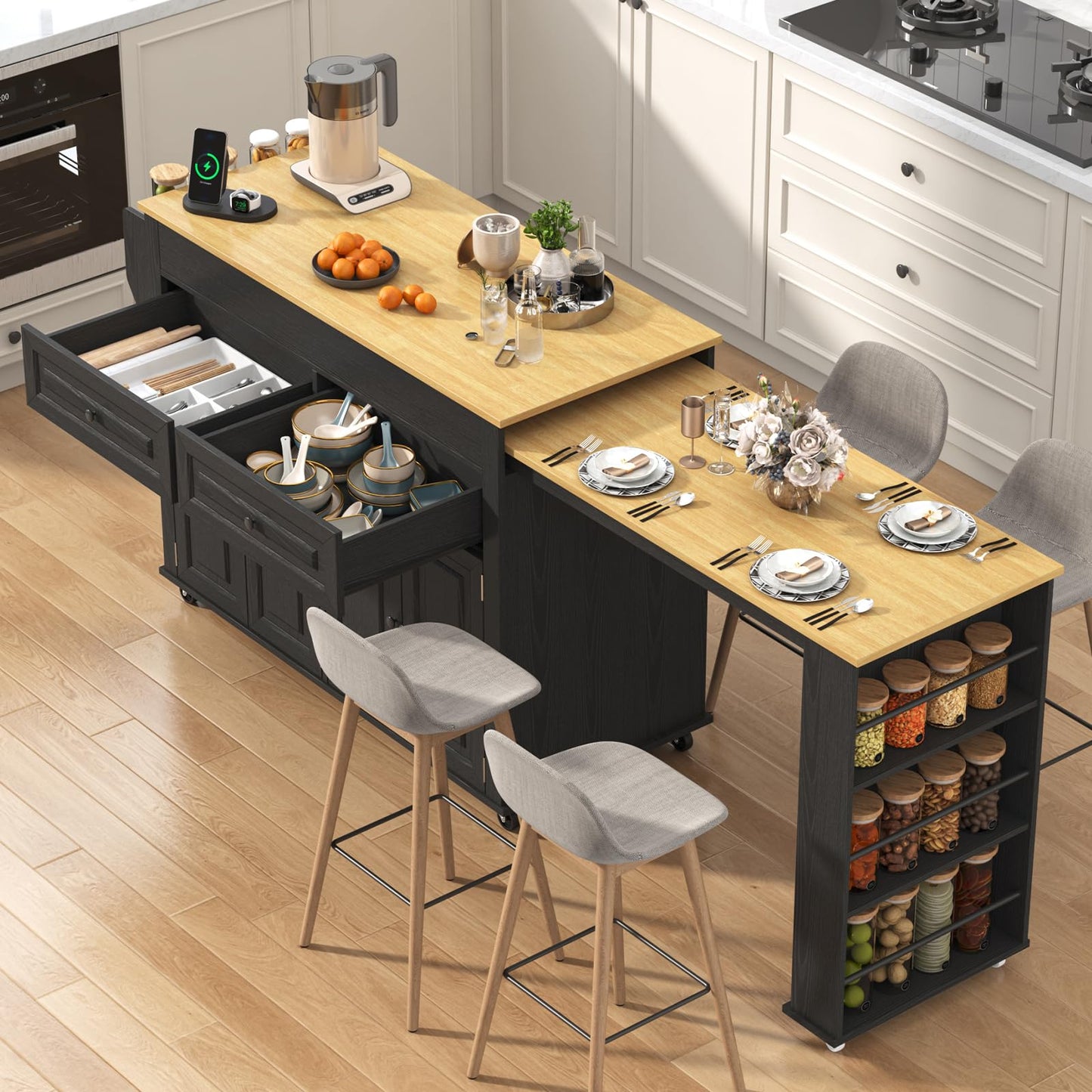 80"-48" Extendable Kitchen Island with Extended Dining Table and Power Outlet,Large Mobile Kitchen Storage Islands with 2 Storage Drawers,Rolling Islands Cart with 3 Extra Rows Open Shelves(Black)