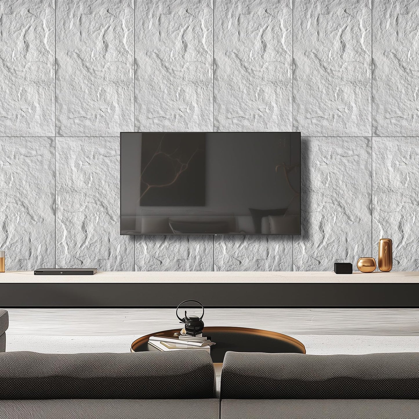 VESLARA 4 PCS Faux Stone Wall Panel 43.3’’ x 23.6’’ PU Wainscoting Panel with Lava Stone Design 3D Wall Panel for Interior Wall Decor Bedroom Living Room Office White
