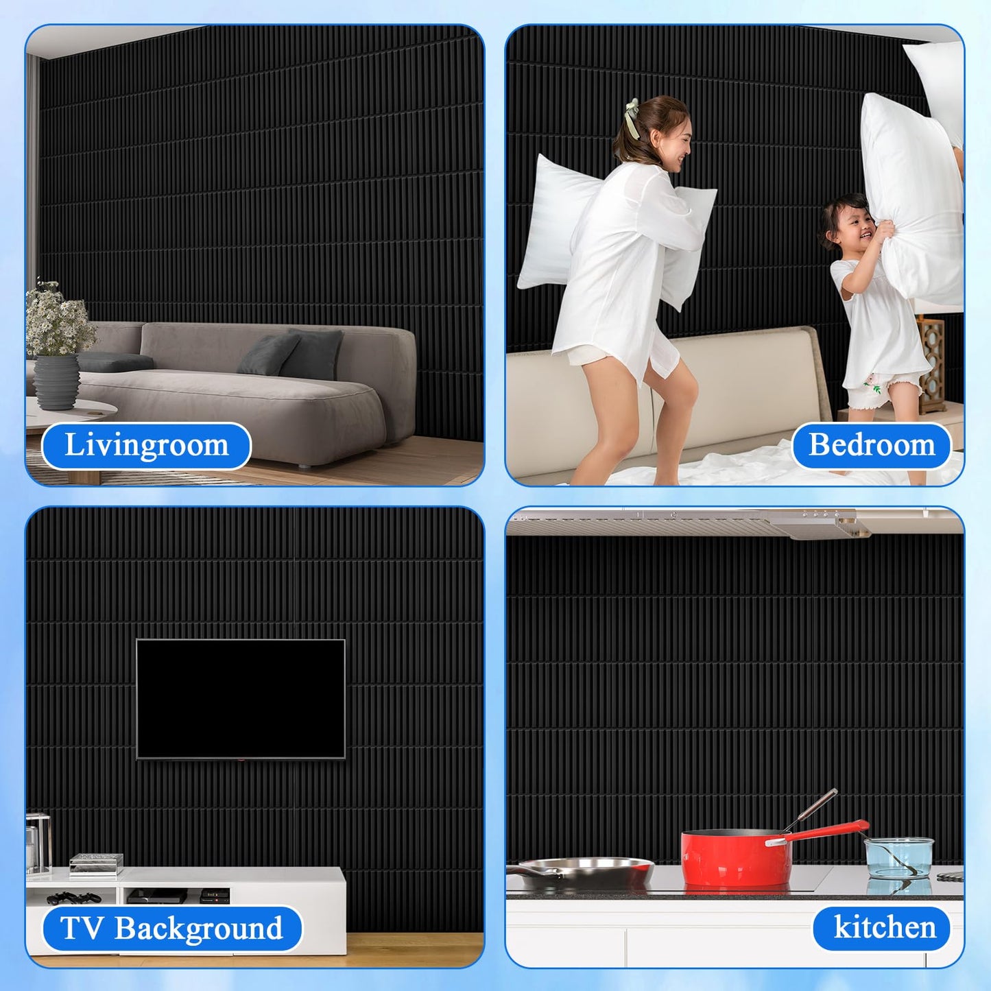 Nuanchu 32 Pcs 3D Wall Panels for Interior Wall Decor, 12''x12'' Fluted Textured Black Accent Tiles Waterproof Paintable for Living Room TV Background Bedroom Bathroom Gaming Room, 32 Sq. ft Coverage