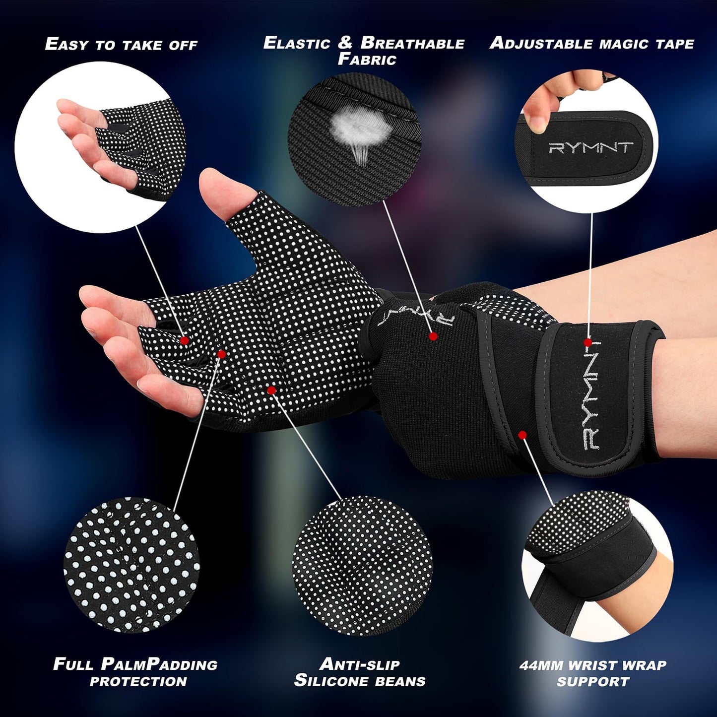 RYMNT Workout Gloves with Wrist Wrap Support, Weight Lifting Gloves with Full Palm Protection & Extra Grip for Men Women Gym Exercise, Fitness, Weightlifting, Pull ups,Aron Black-S
