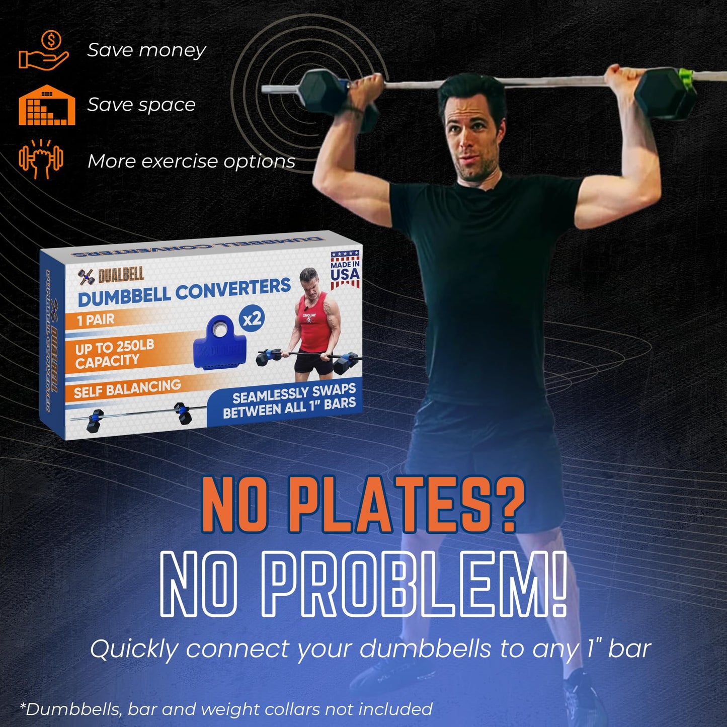 DUALBELL Dumbbell Barbell Adapters, Blue w/Yellow Weight Collars for 1" Bar, Dumbbell Converters Quickly Connect Dumbbells to Barbell Securely for Home Gym Workouts